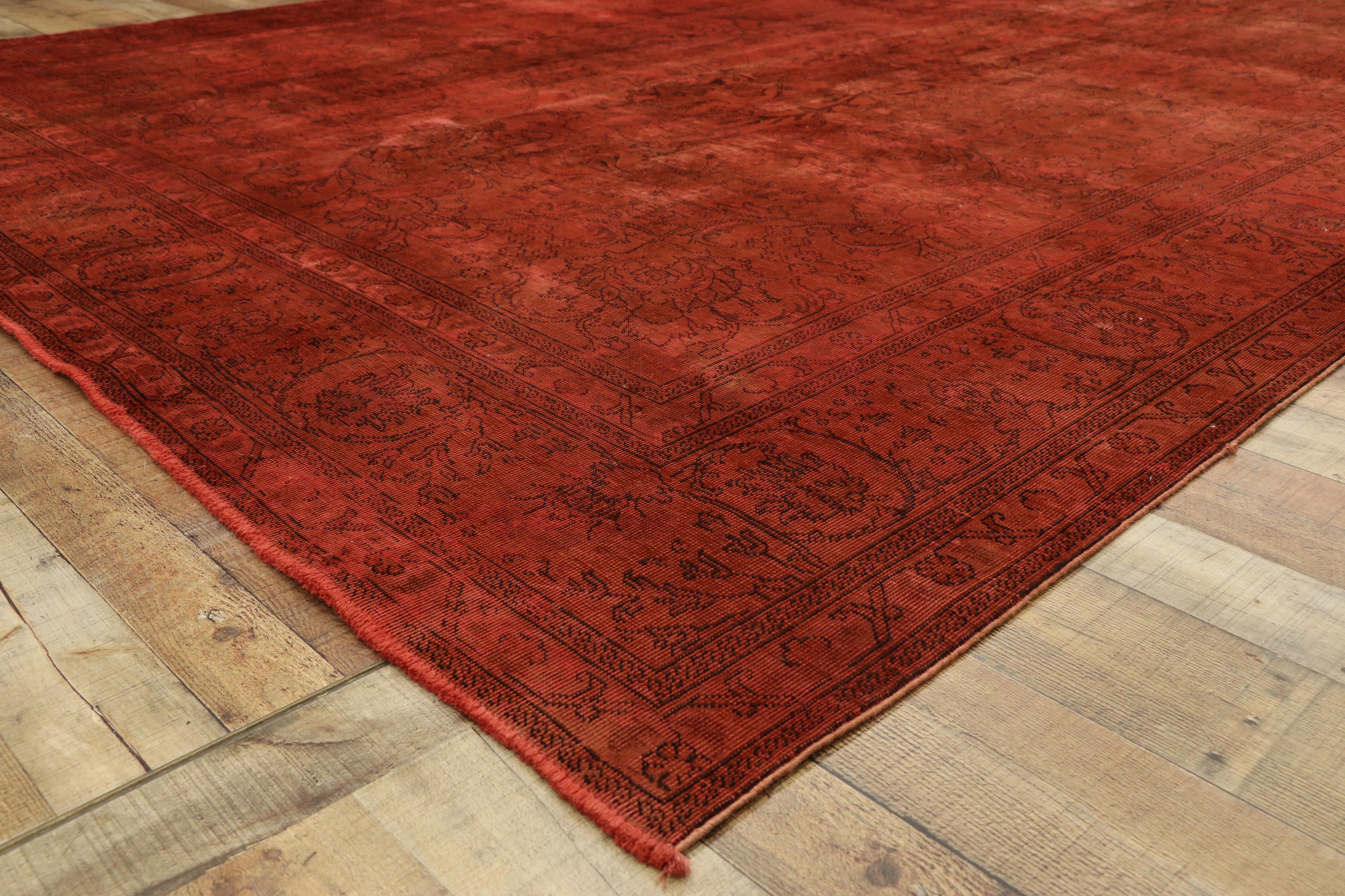 Distressed Overdyed Red Persian Area Rug with Luxe Industrial Style In Distressed Condition In Dallas, TX