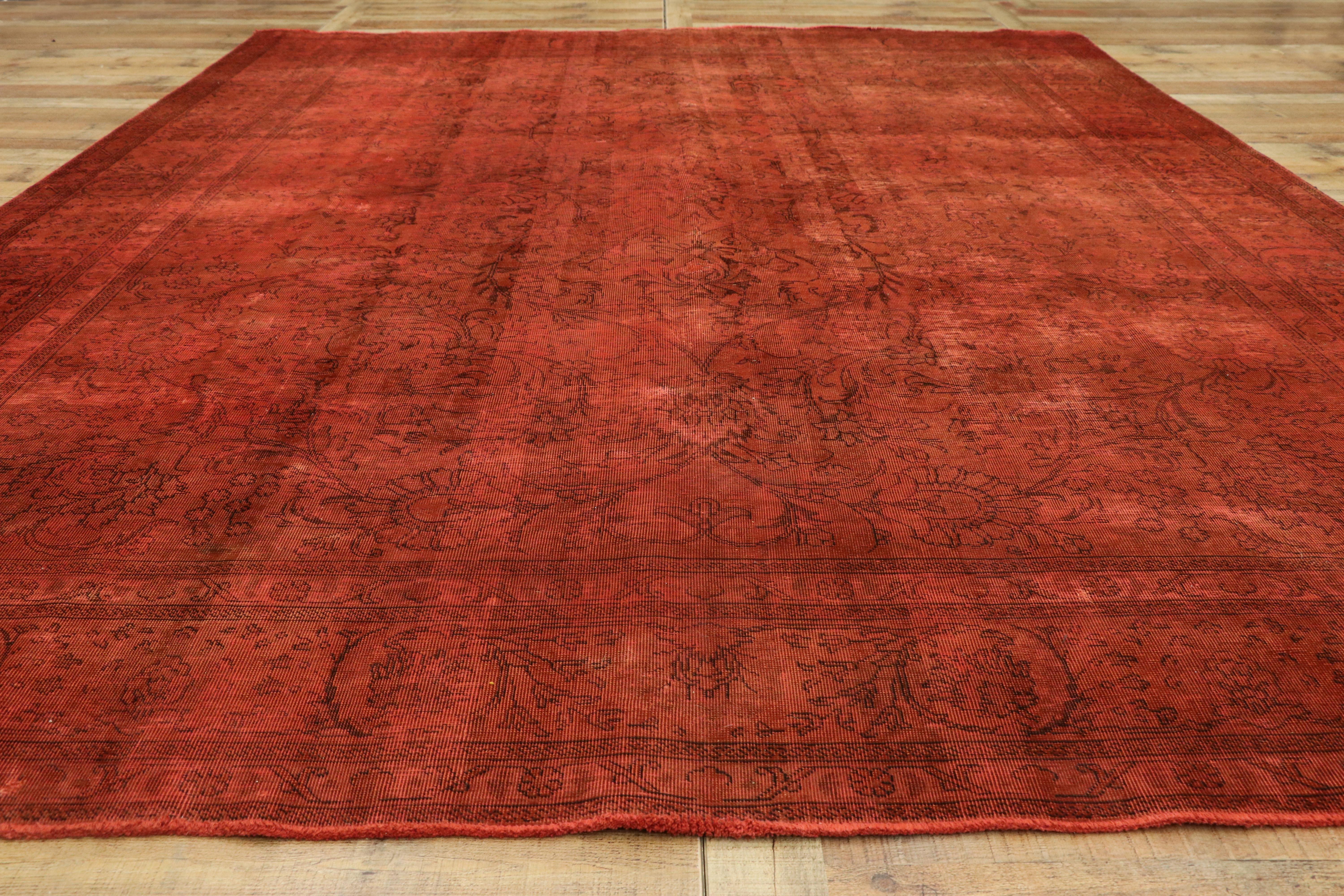 20th Century Distressed Overdyed Red Persian Area Rug with Luxe Industrial Style