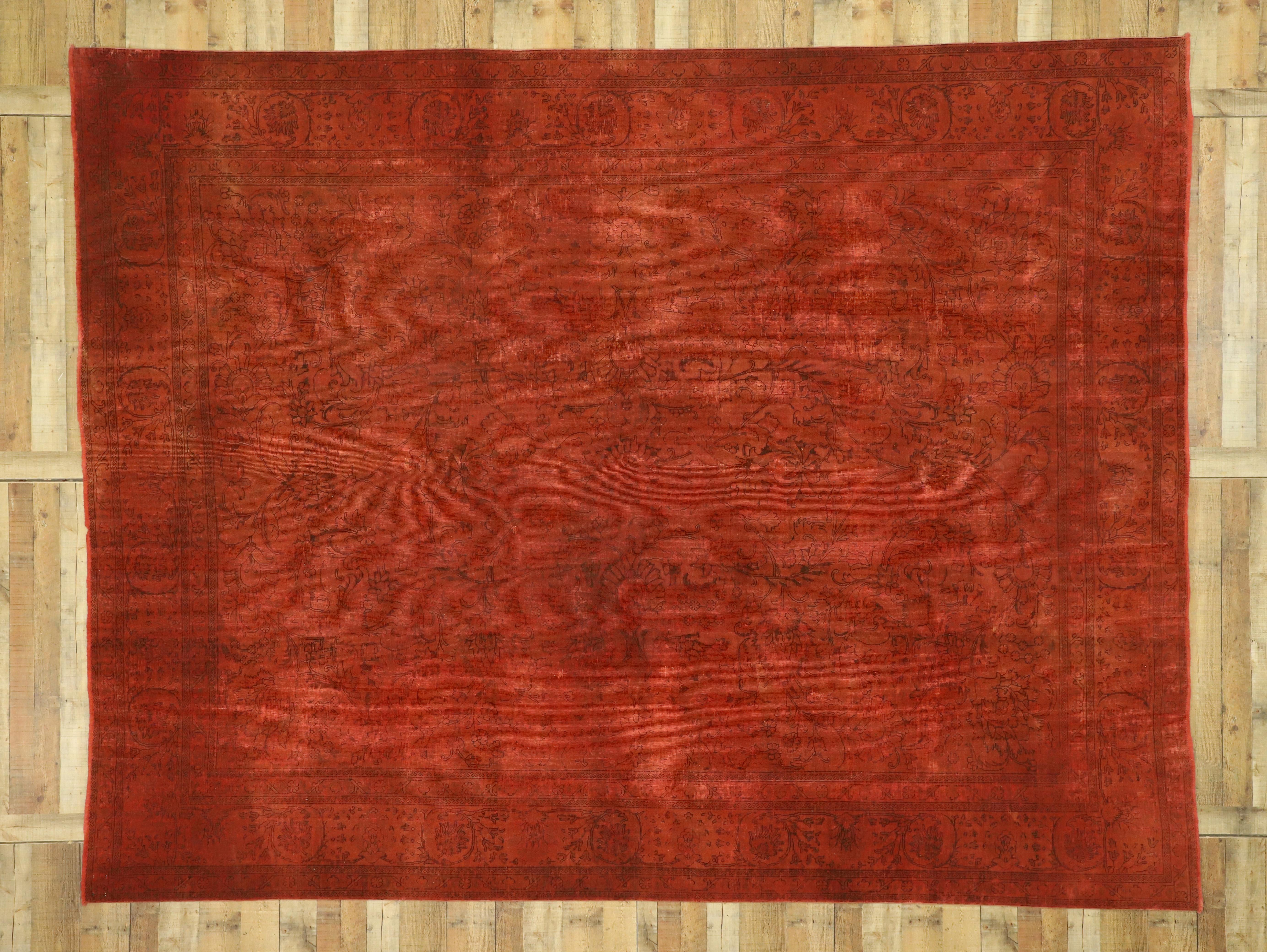 Wool Distressed Overdyed Red Persian Area Rug with Luxe Industrial Style