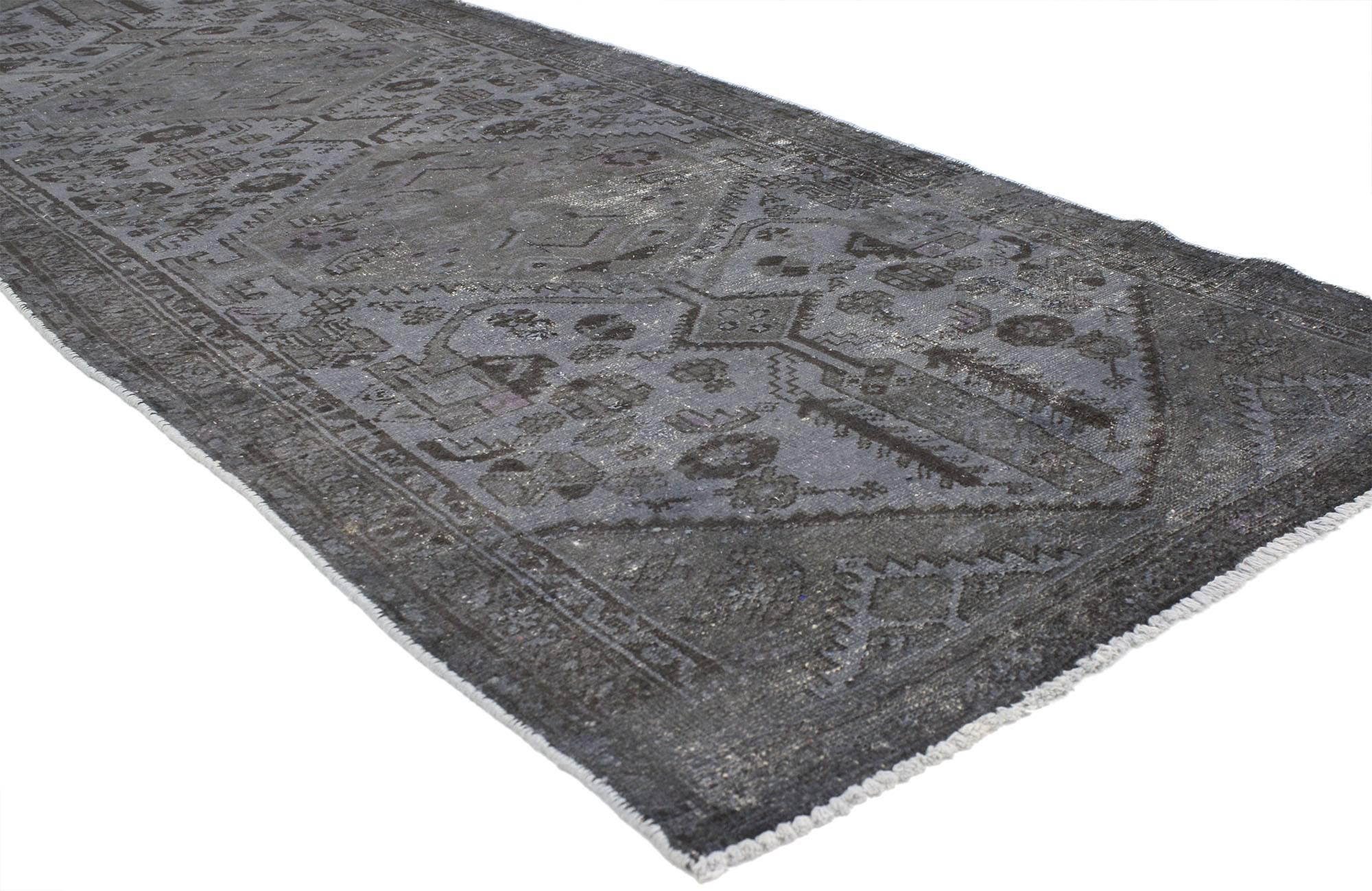 Hand-Knotted Distressed Overdyed Vintage Persian Runner Modern Industrial Style