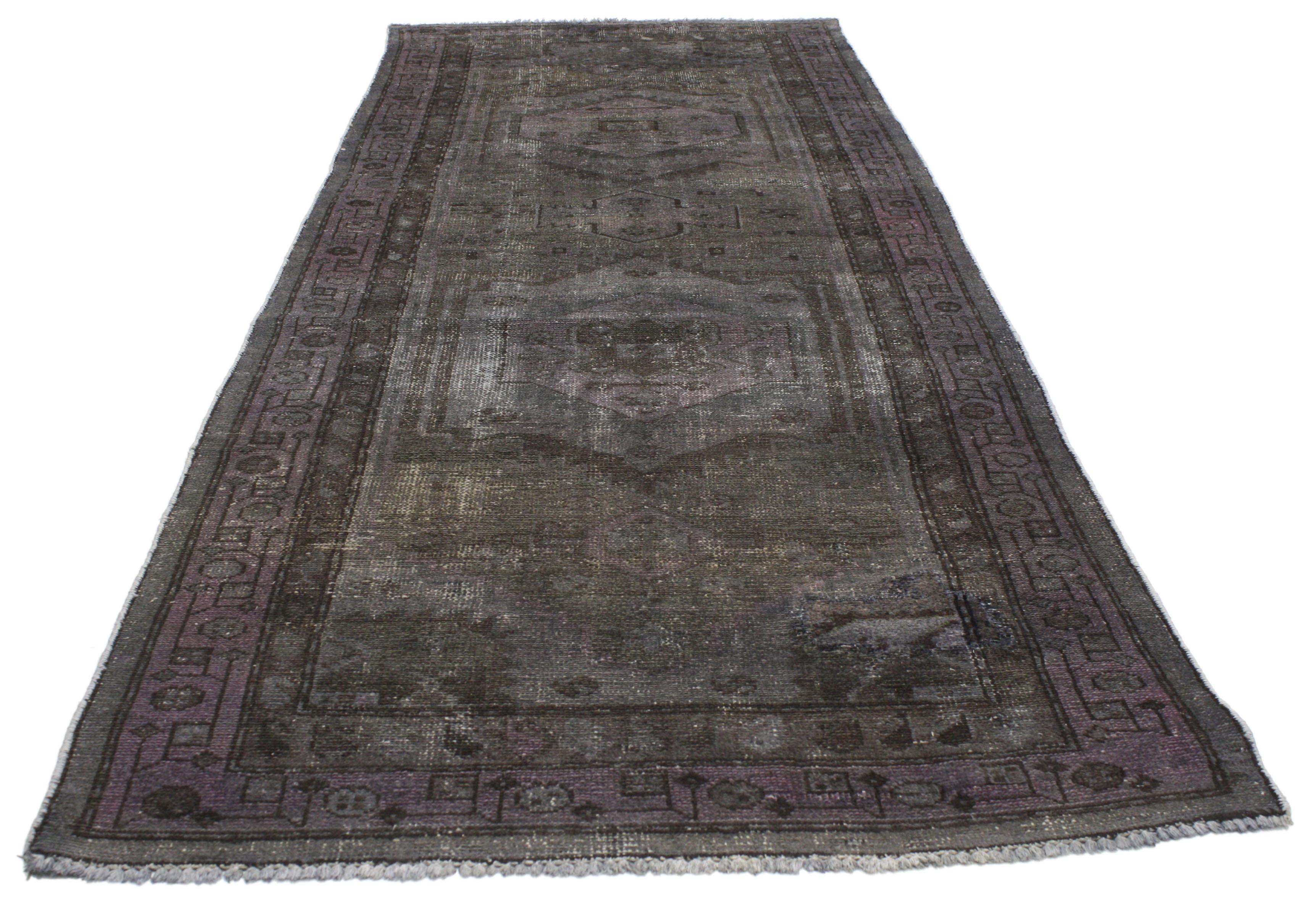 Minimalist Distressed Overdyed Vintage Persian Runner Modern Industrial Style