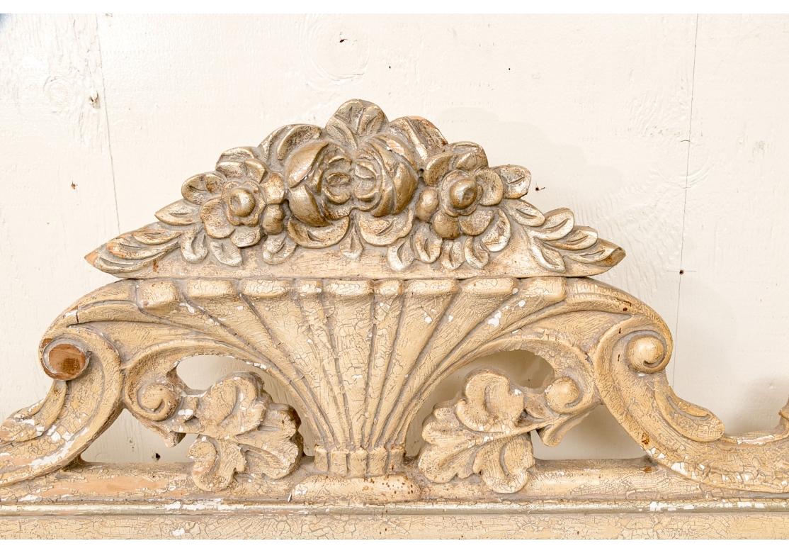 20th Century Distressed Paint Decorated Carved King Size Headboard For Sale