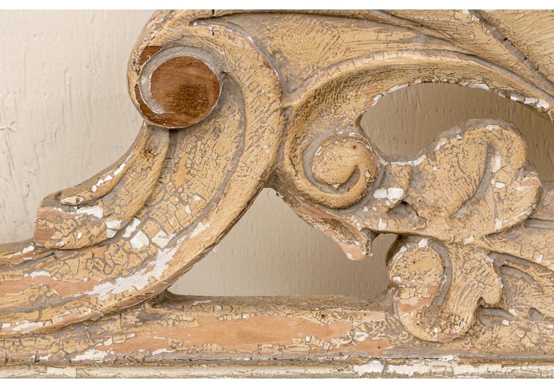 Distressed Paint Decorated Carved King Size Headboard For Sale 2