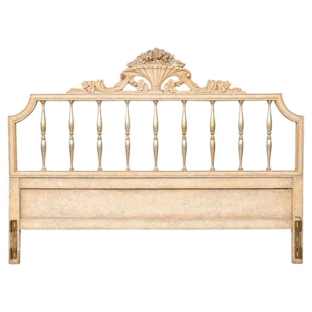 Distressed Paint Decorated Carved King Size Headboard