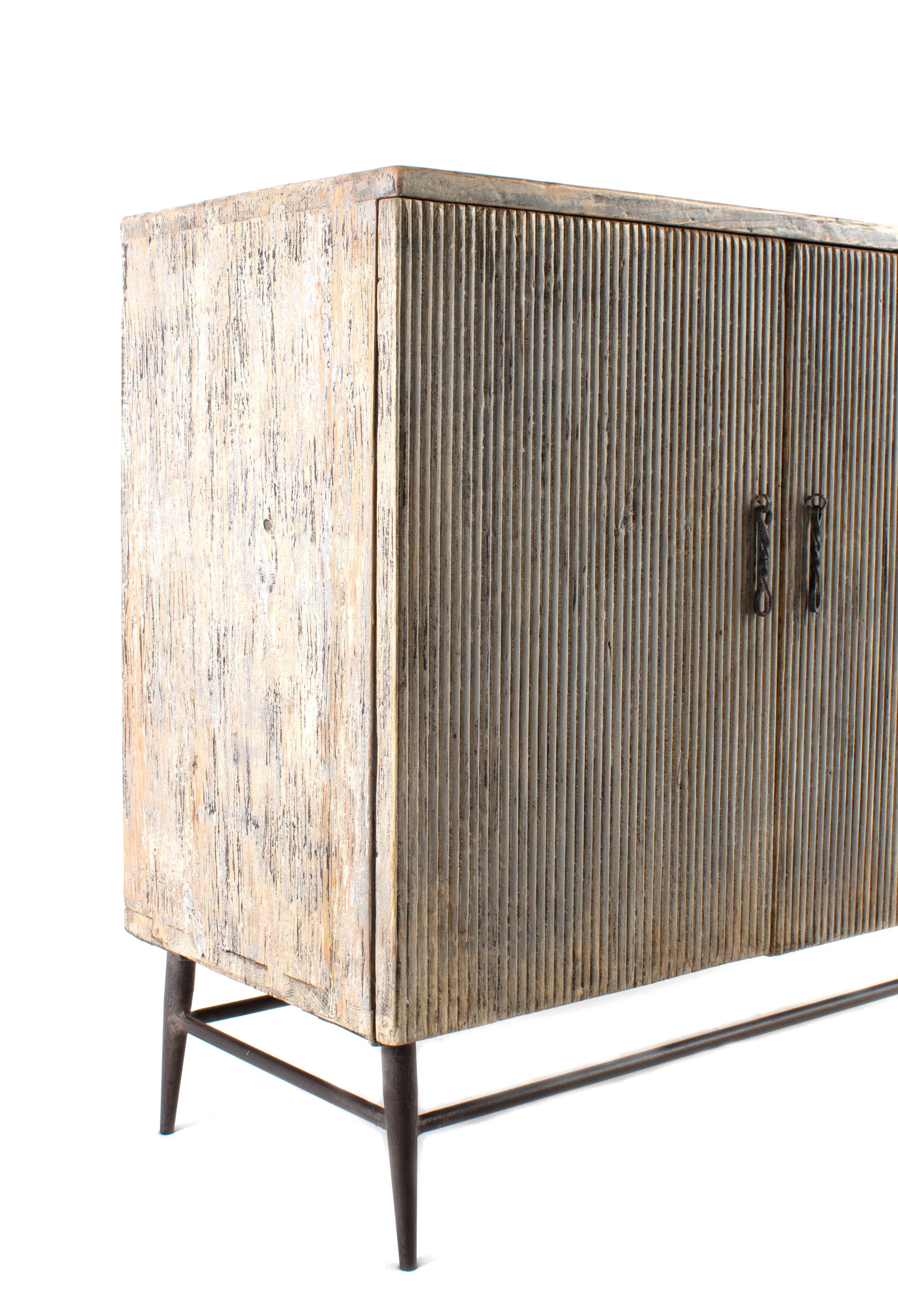 Mid-Century Modern Distressed Paint Patina Four Door Reeded Server