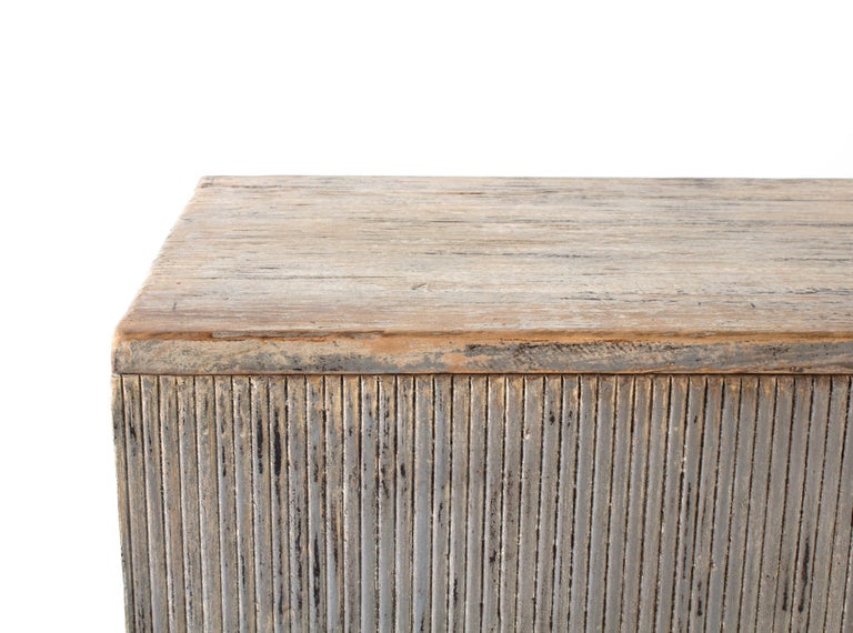 Distressed Paint Patina Four Door Reeded Server In Excellent Condition For Sale In Dallas, TX