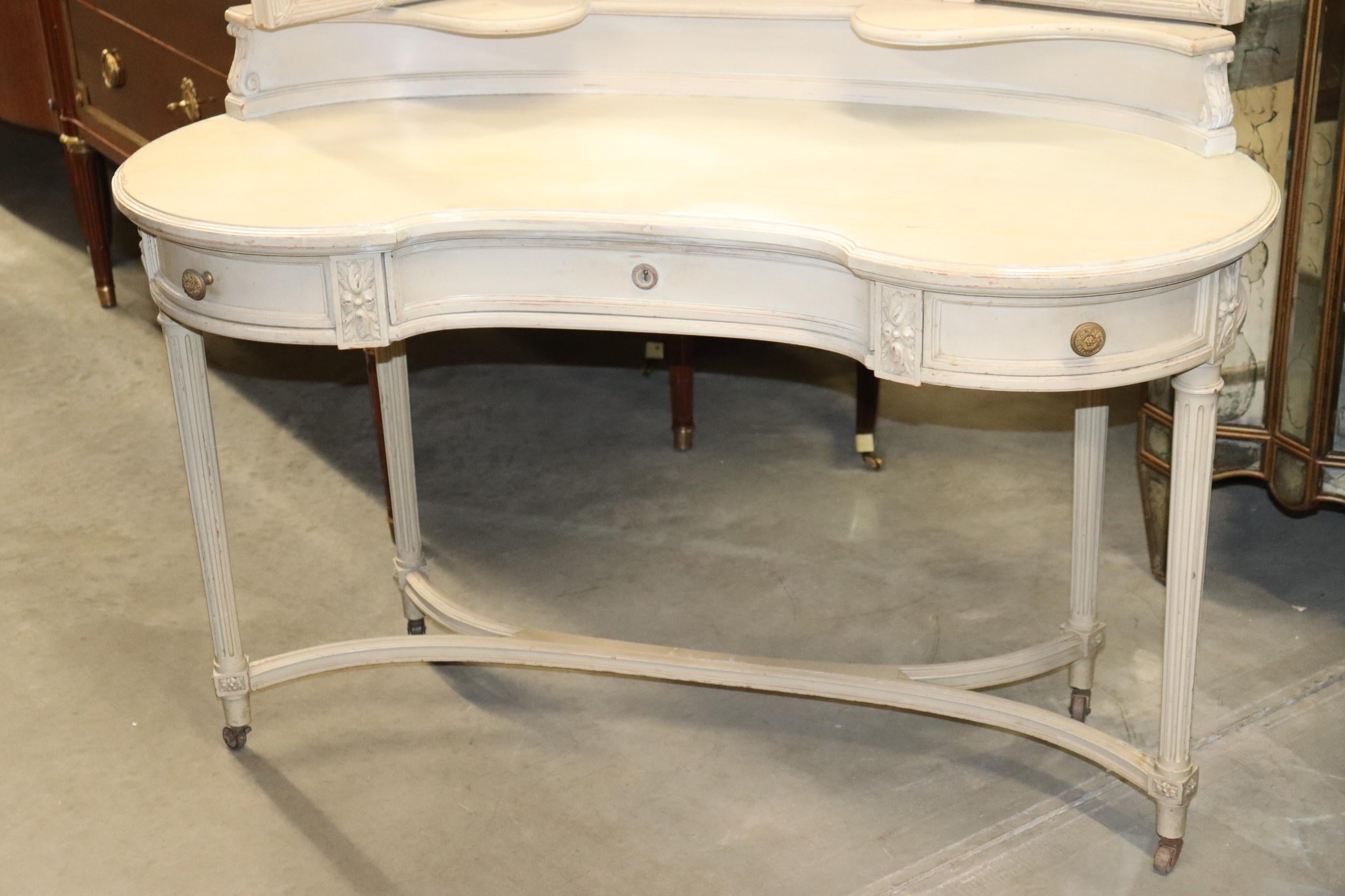 Early 20th Century Distressed Painted French carved Ladies Louis XV Vanity Table with Mirrors 