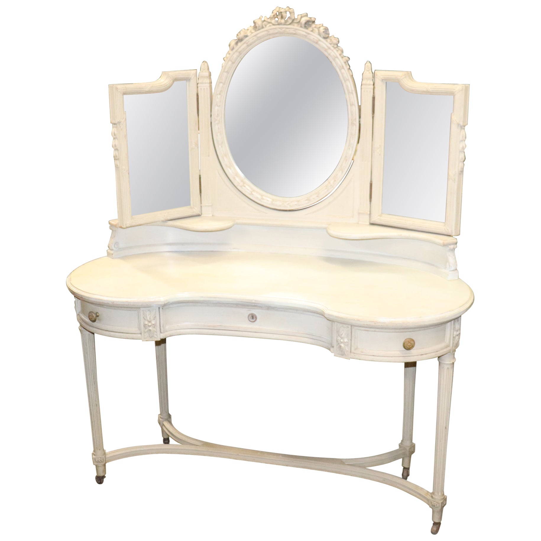 Distressed Painted French carved Ladies Louis XV Vanity Table with Mirrors
