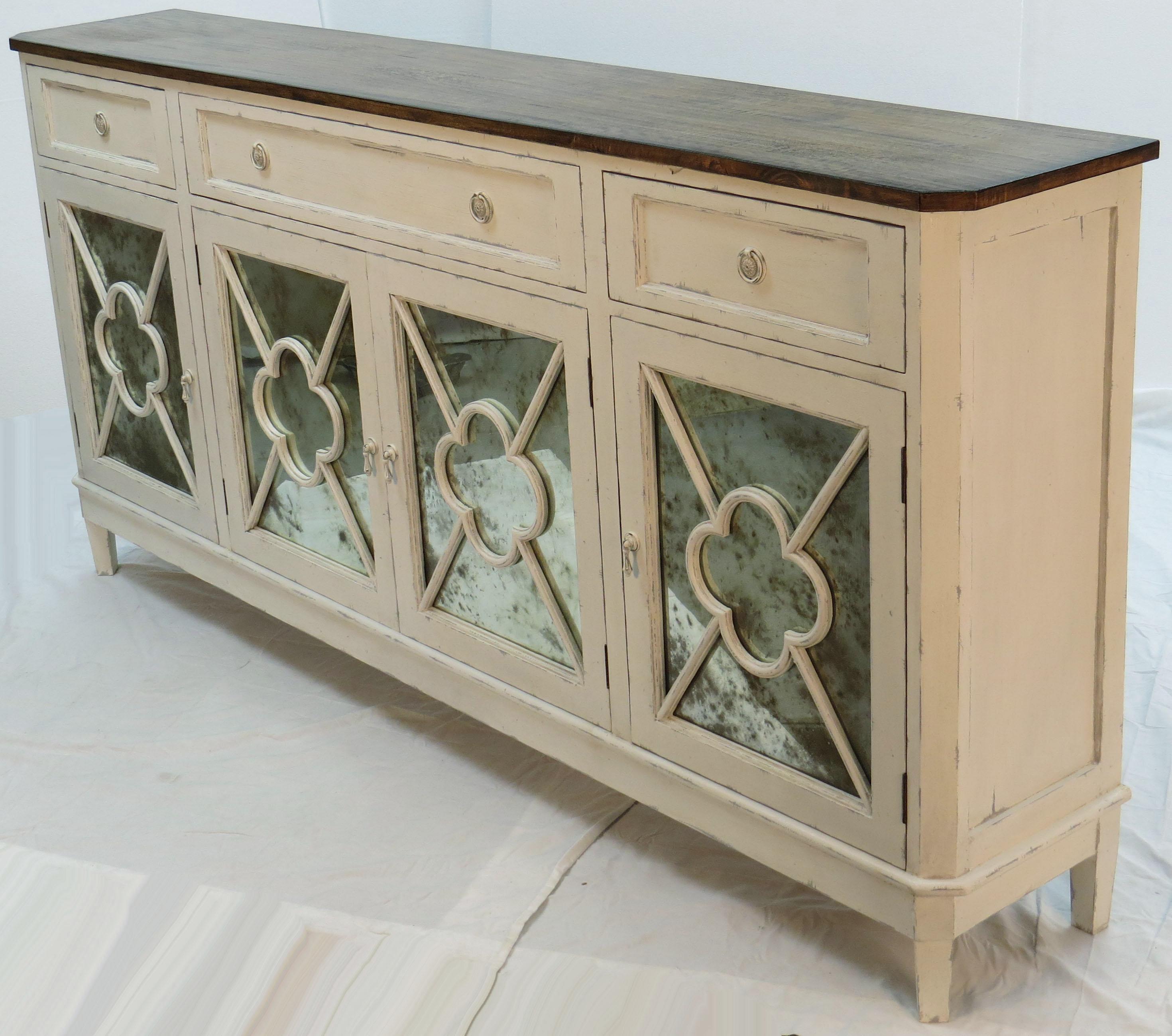 Distressed Painted Sideboard Buffet Credenza with Antiqued Mirrored Doors For Sale 1