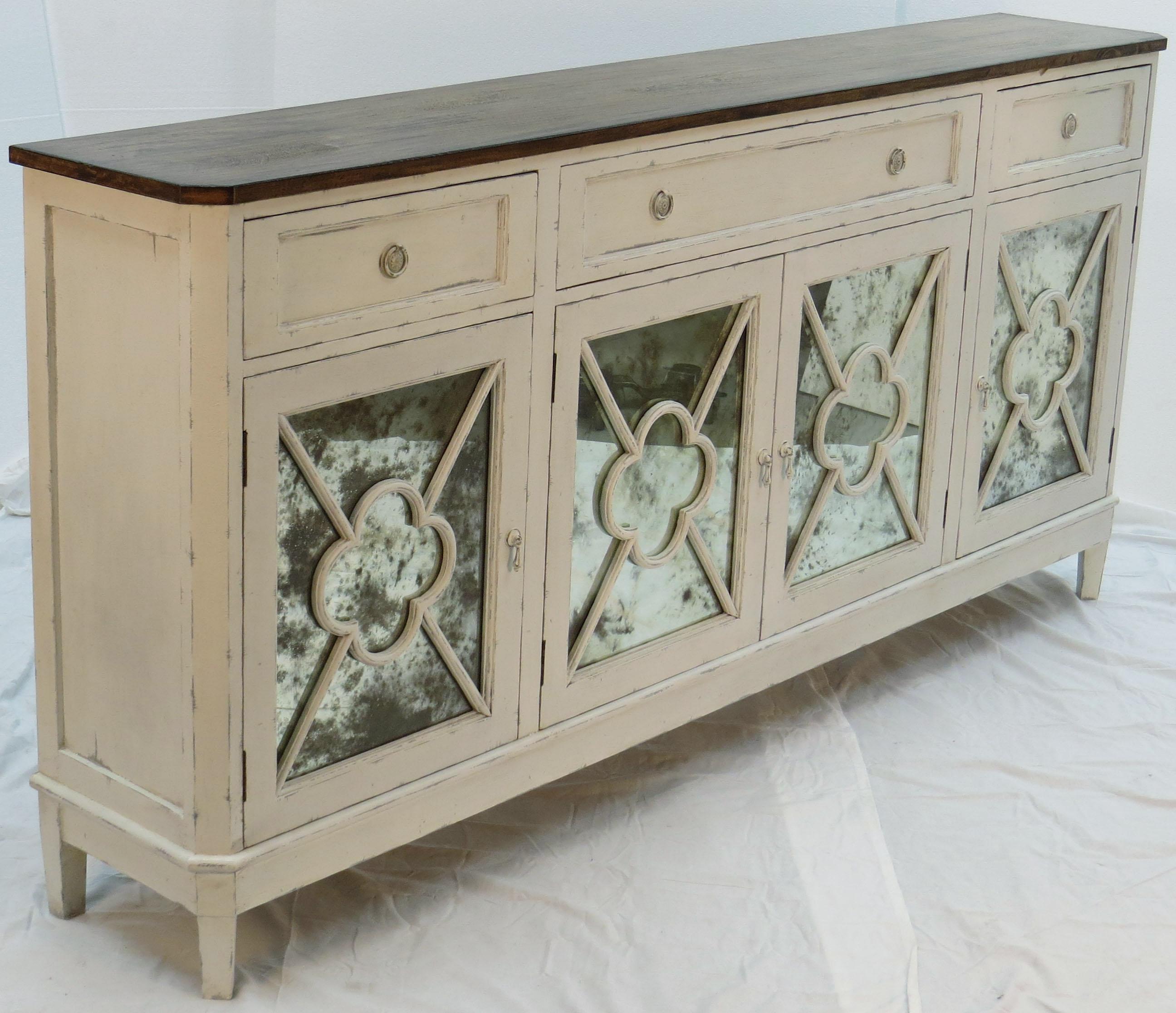 Distressed Painted Sideboard Buffet Credenza with Antiqued Mirrored Doors For Sale 2