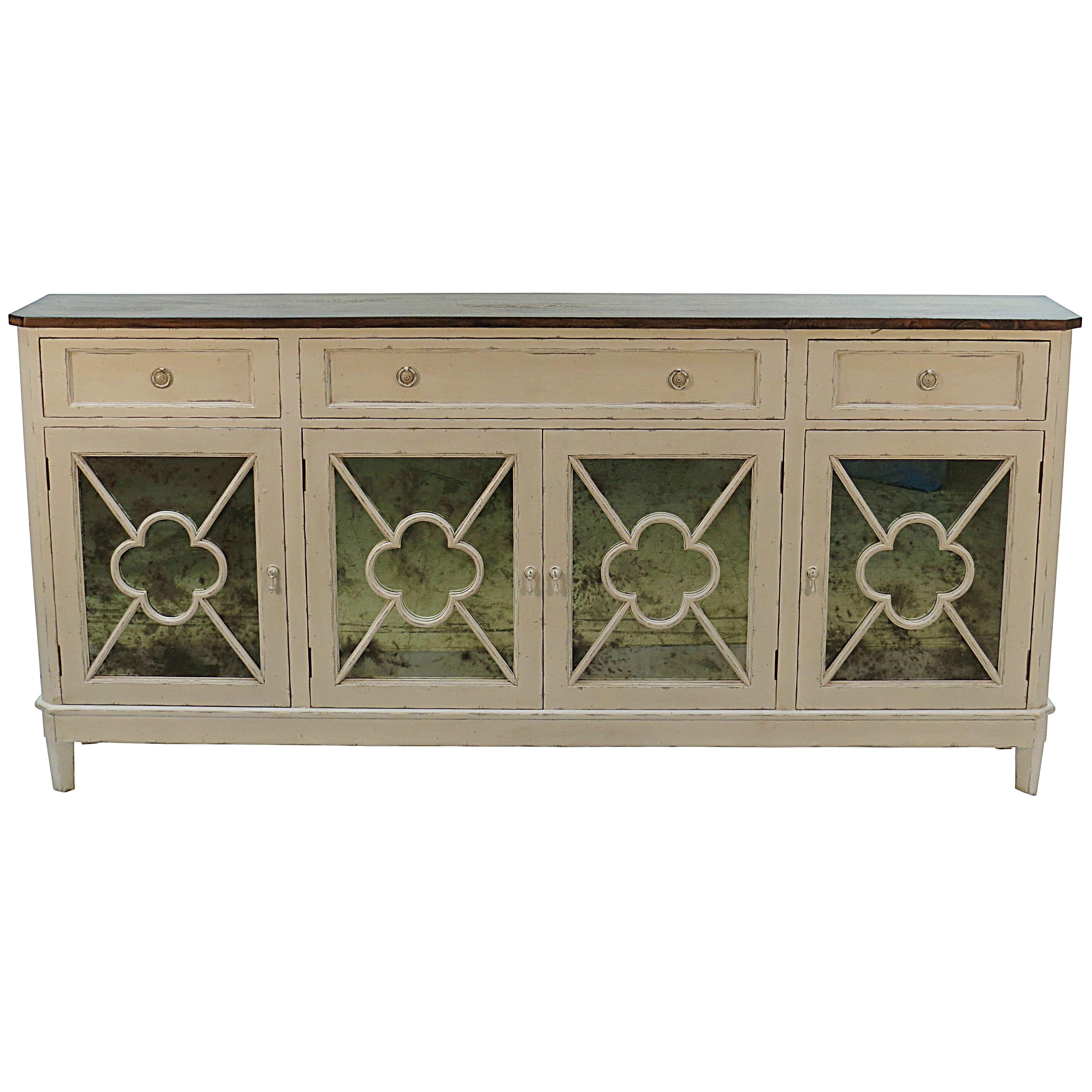 Distressed Painted Sideboard Buffet Credenza with Antiqued Mirrored Doors For Sale