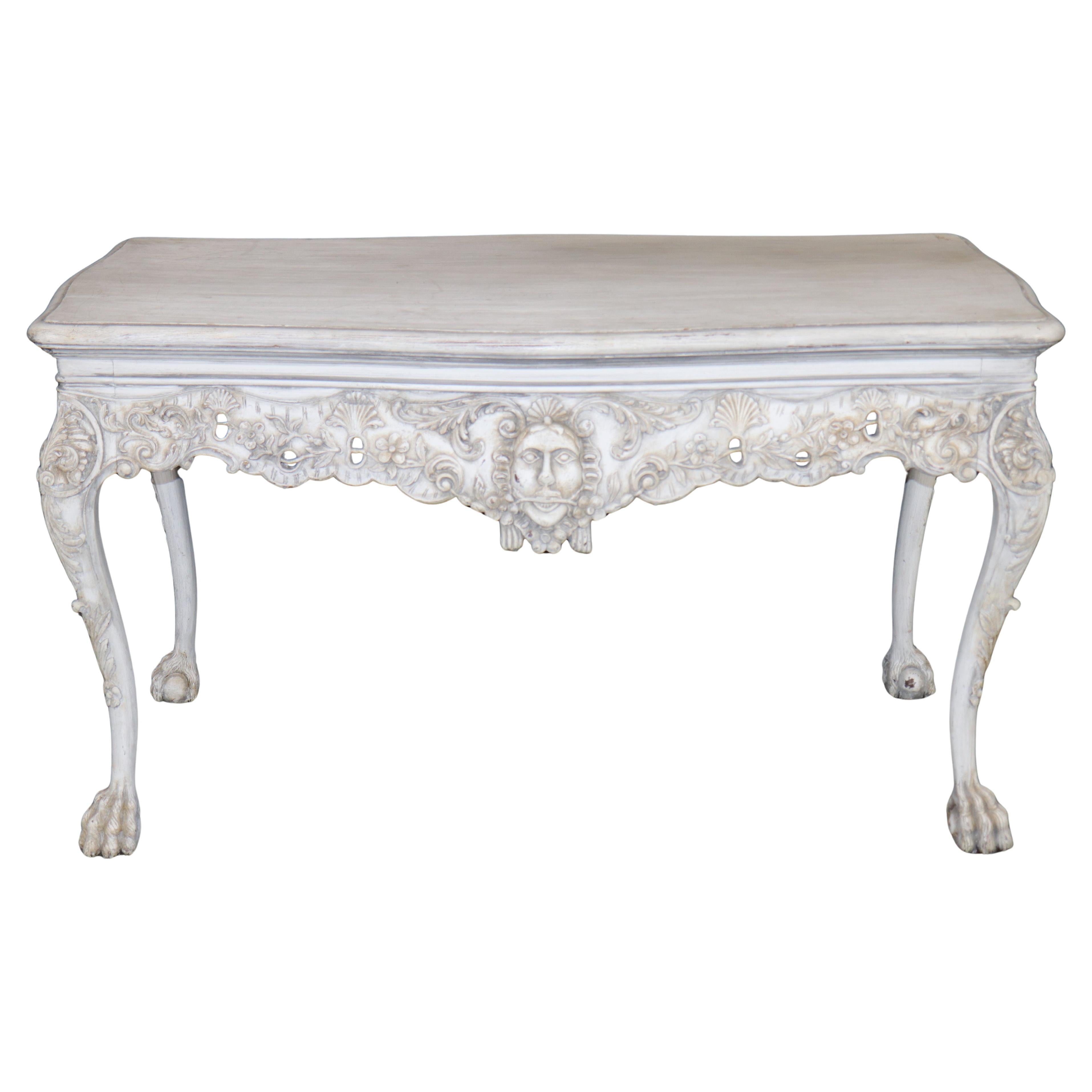 Distressed Painted White Georgian Style Figural Masque Center Table C. 1940s Era For Sale