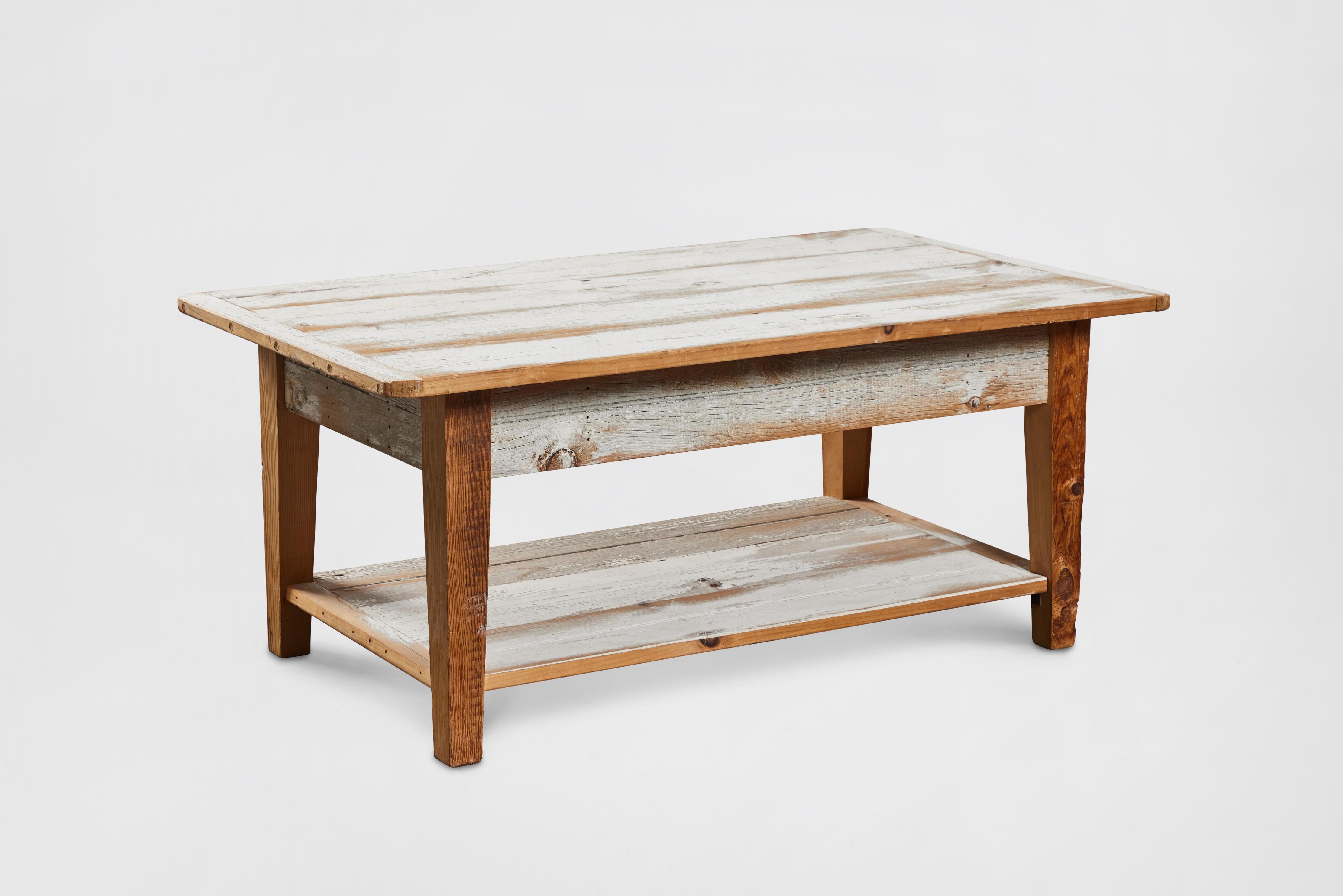 American Distressed-Painted White Oak Coffee Table  For Sale