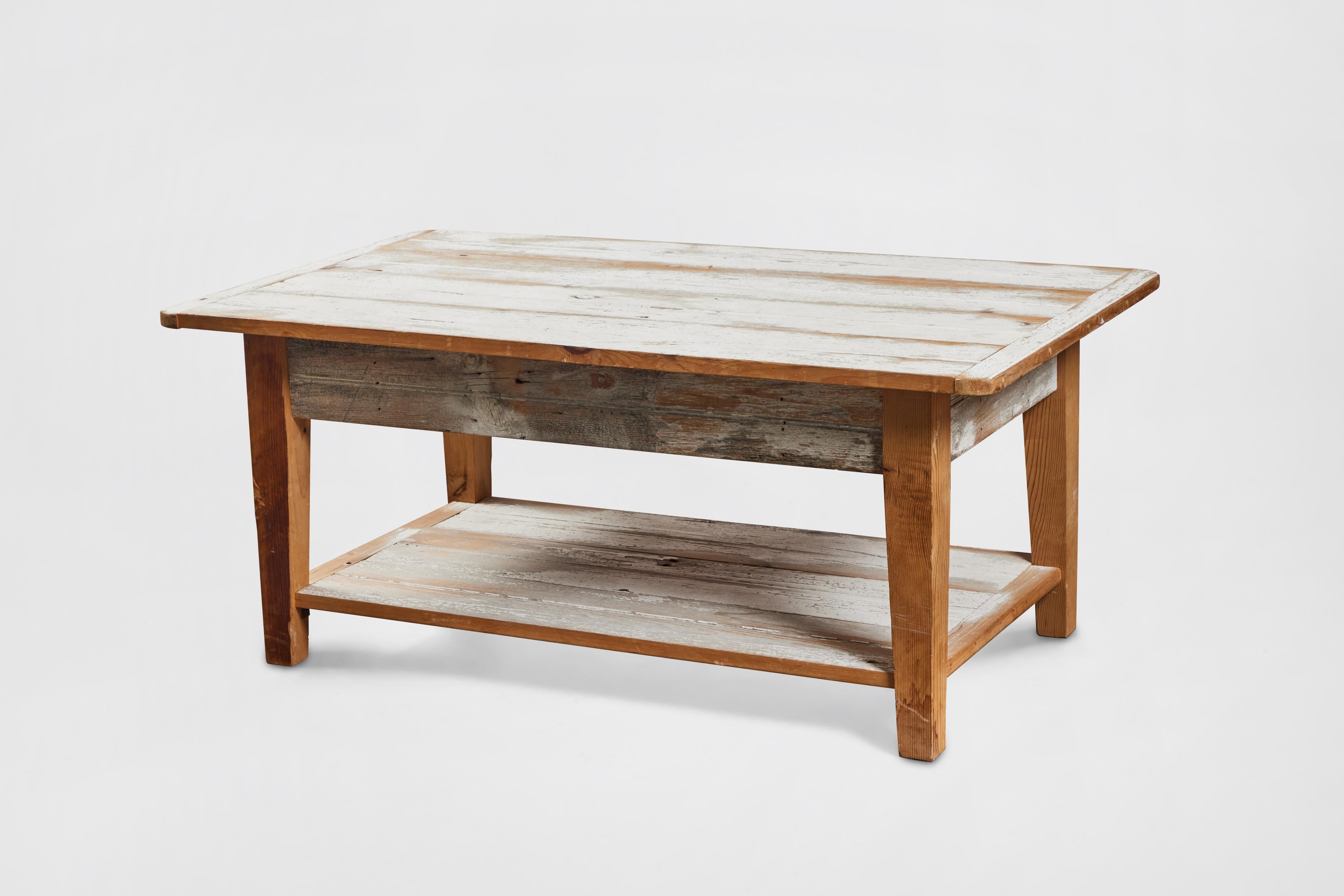 Late 20th Century Distressed-Painted White Oak Coffee Table  For Sale