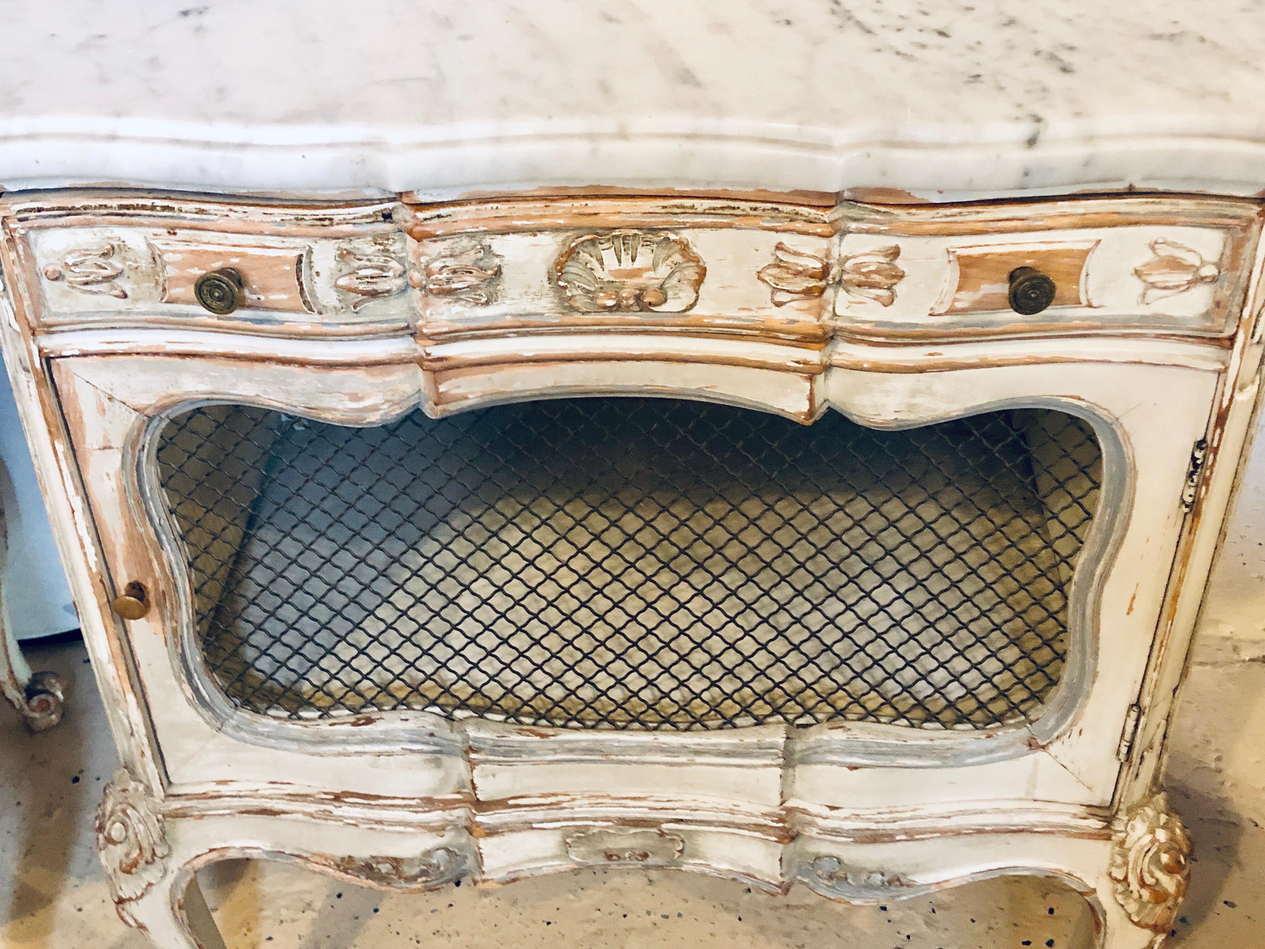 French Distressed Pair of Louis XV Style Marble Top End Tables Bed/Night Side Stand