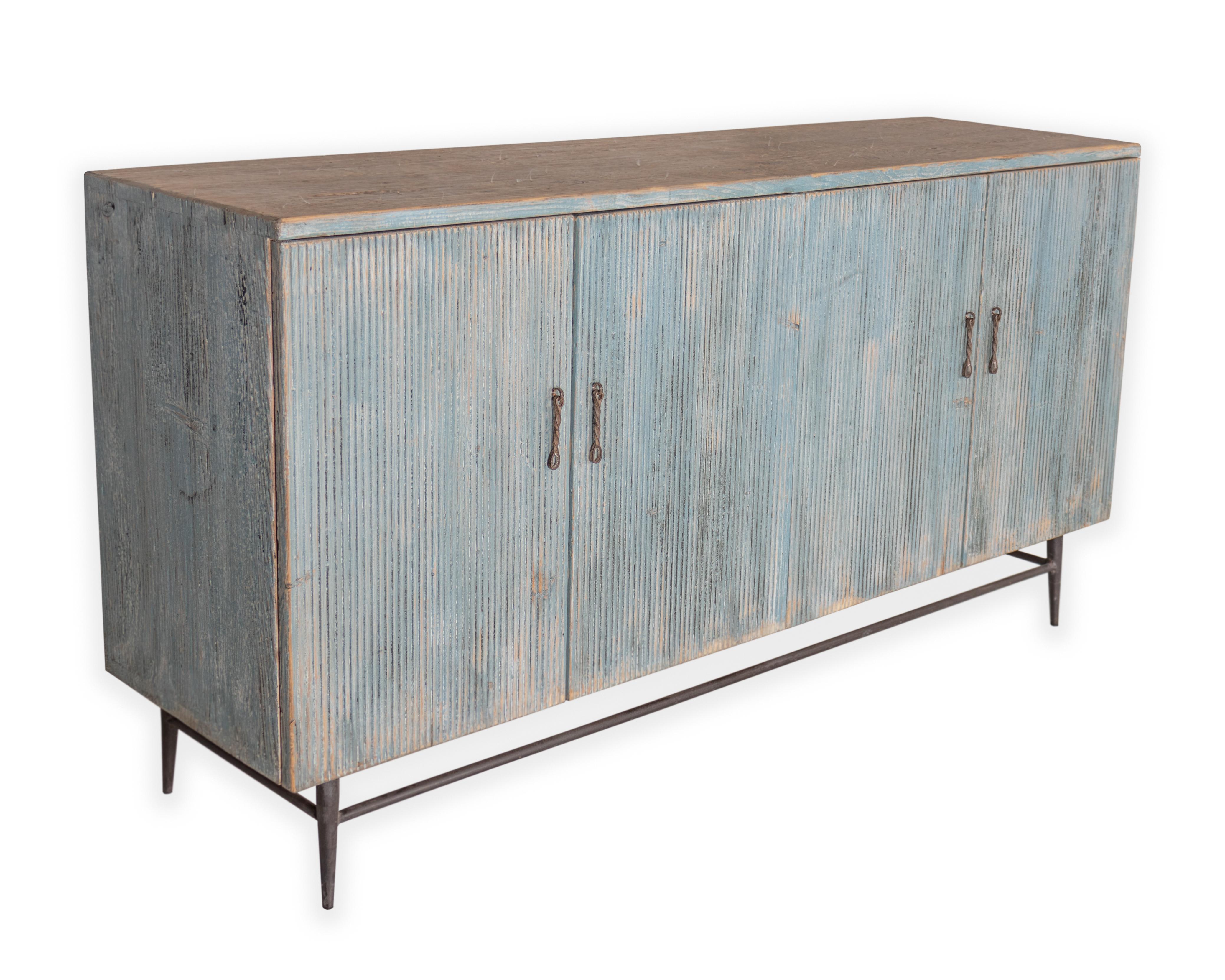 Distressed paint patina four-door reed front server from Belgium.