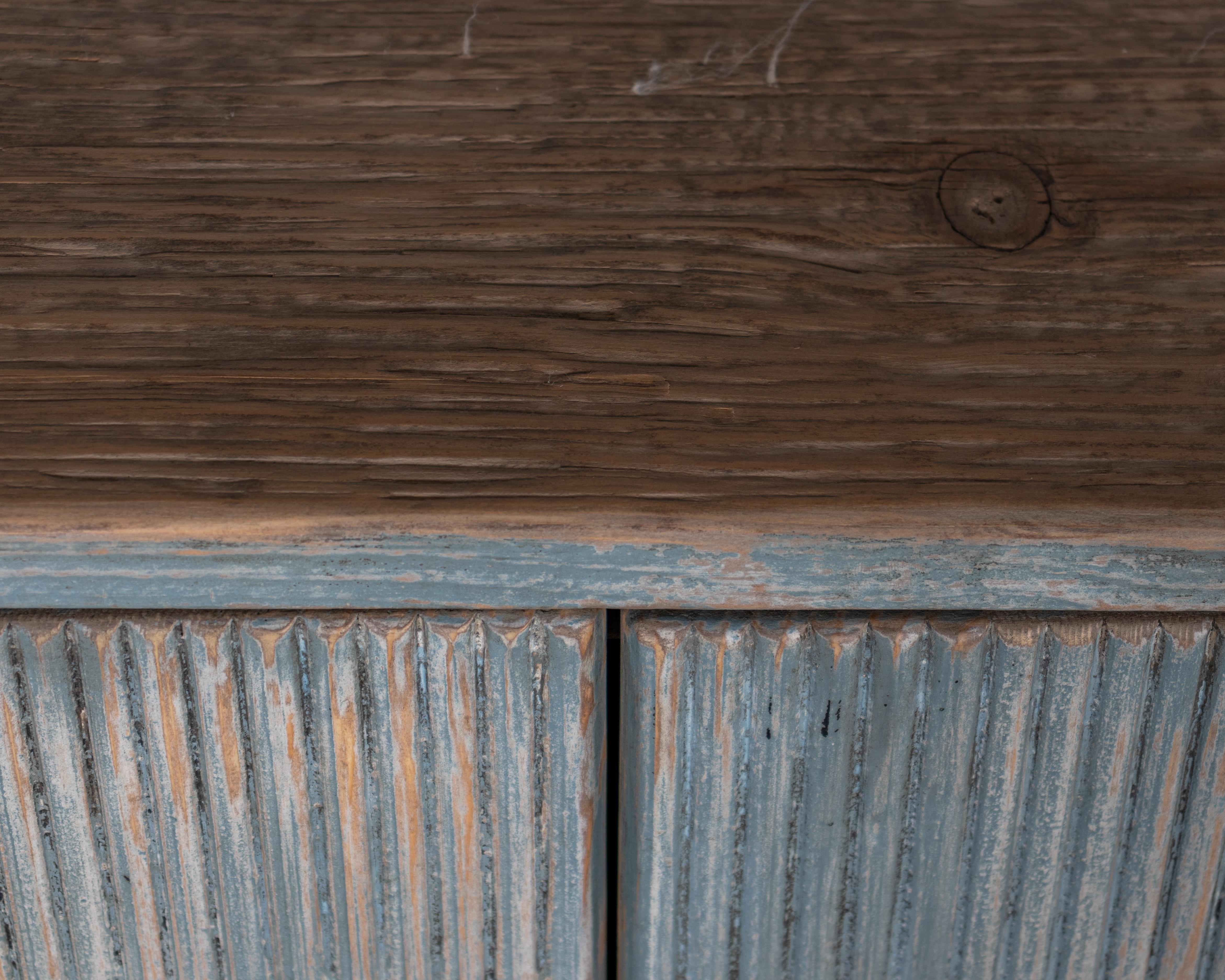 Distressed Patina Four Door Reeded Server In Good Condition In Dallas, TX
