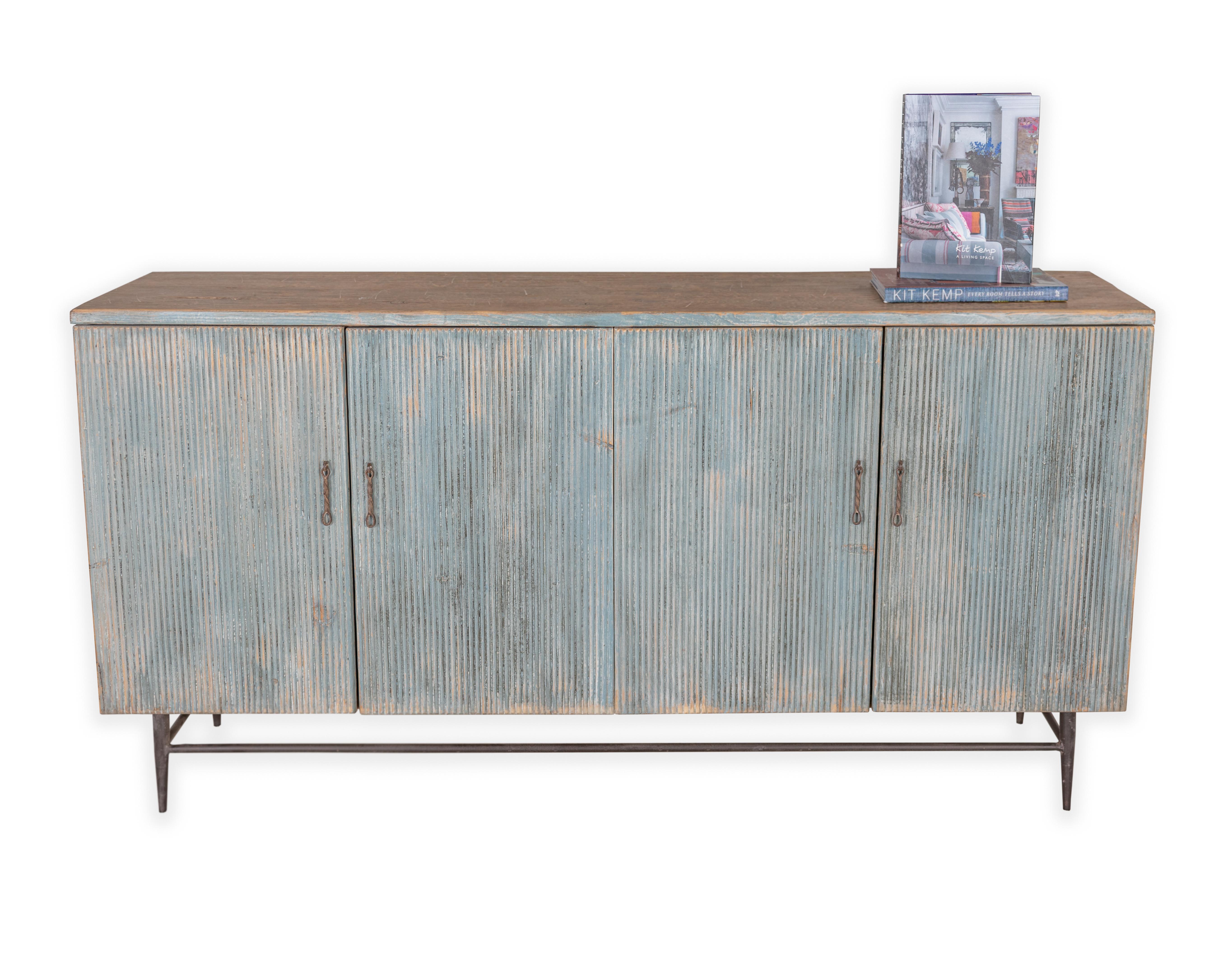 Contemporary Distressed Patina Four Door Reeded Server