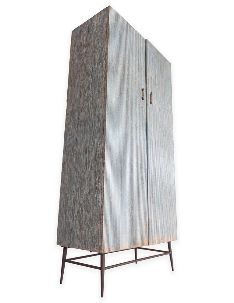 Distressed Patina Two Door Reeded Cabinet In Good Condition For Sale In Dallas, TX