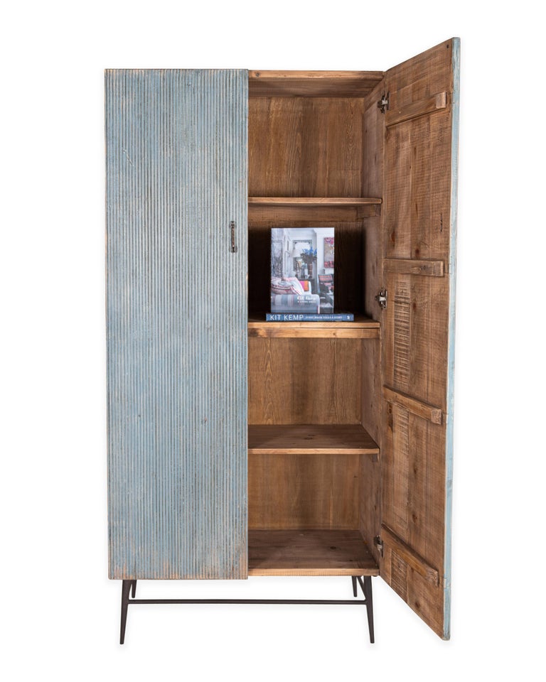 Wood Distressed Patina Two Door Reeded Cabinet For Sale