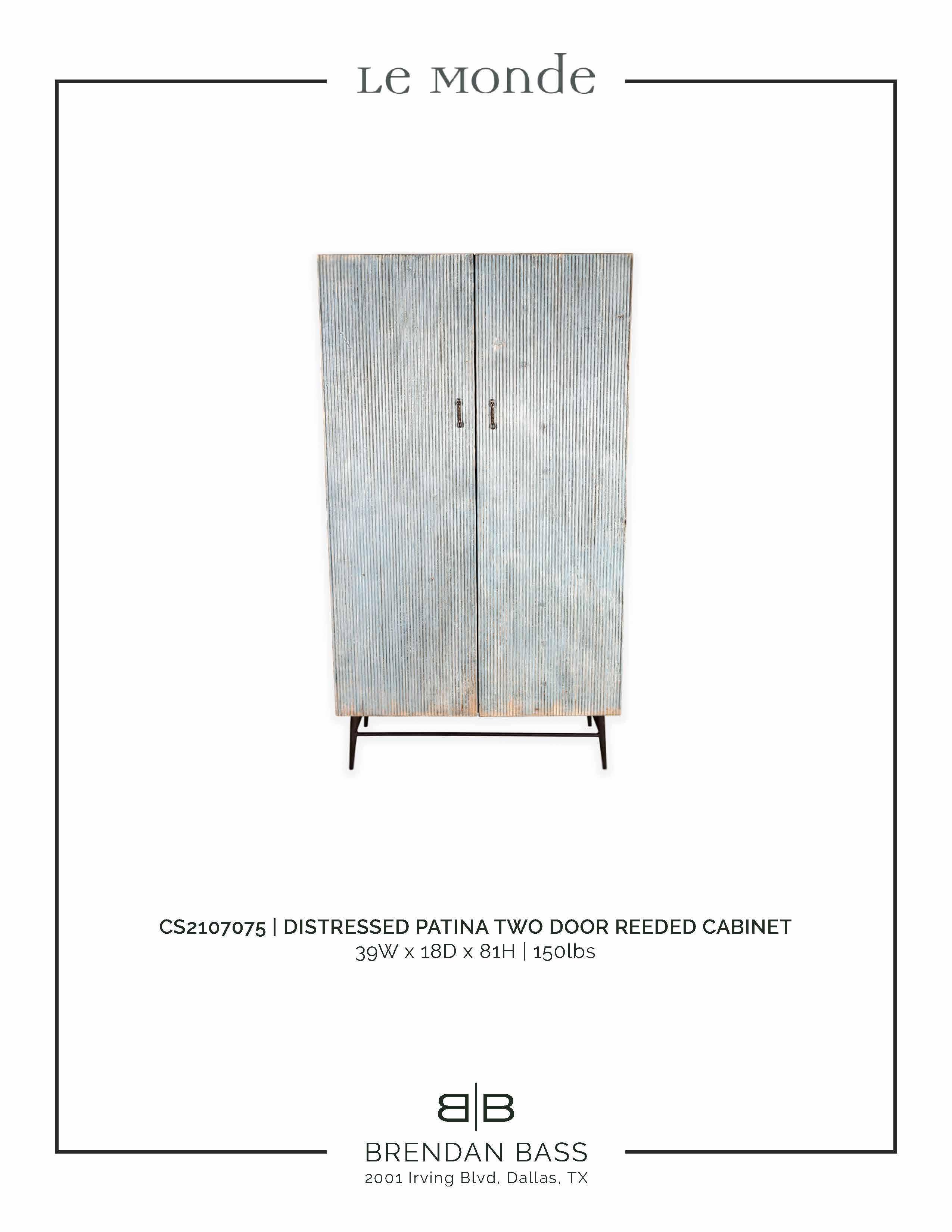 Distressed Patina Two Door Reeded Cabinet In Good Condition In Dallas, TX