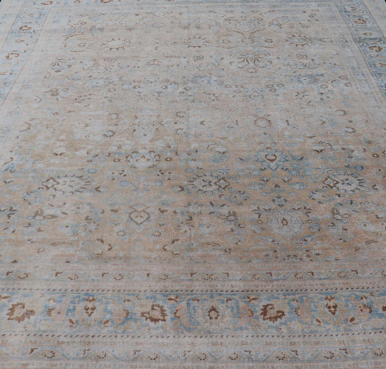 Distressed Persian Antique Mashhad Carpet with Muted Floral and Medallion Design For Sale 10