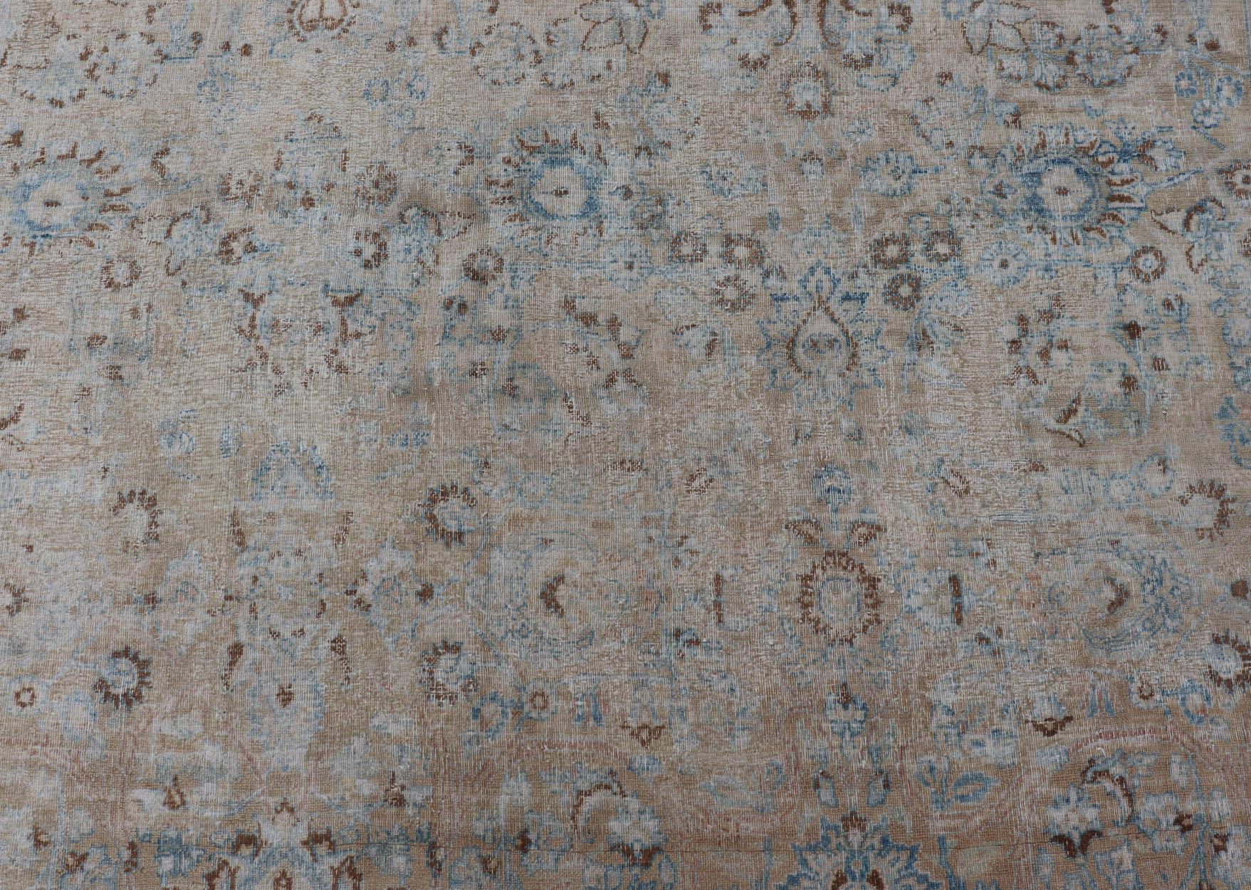 Distressed Persian Antique Mashhad Carpet with Muted Floral and Medallion Design For Sale 12