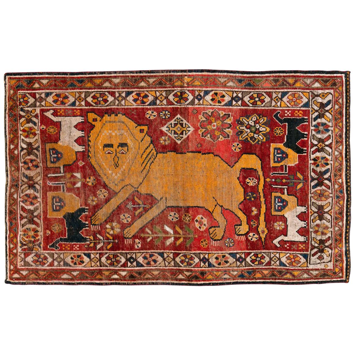 Distressed Persian Handmade Tribal Rug in Deep Red, Orange, and Ivory