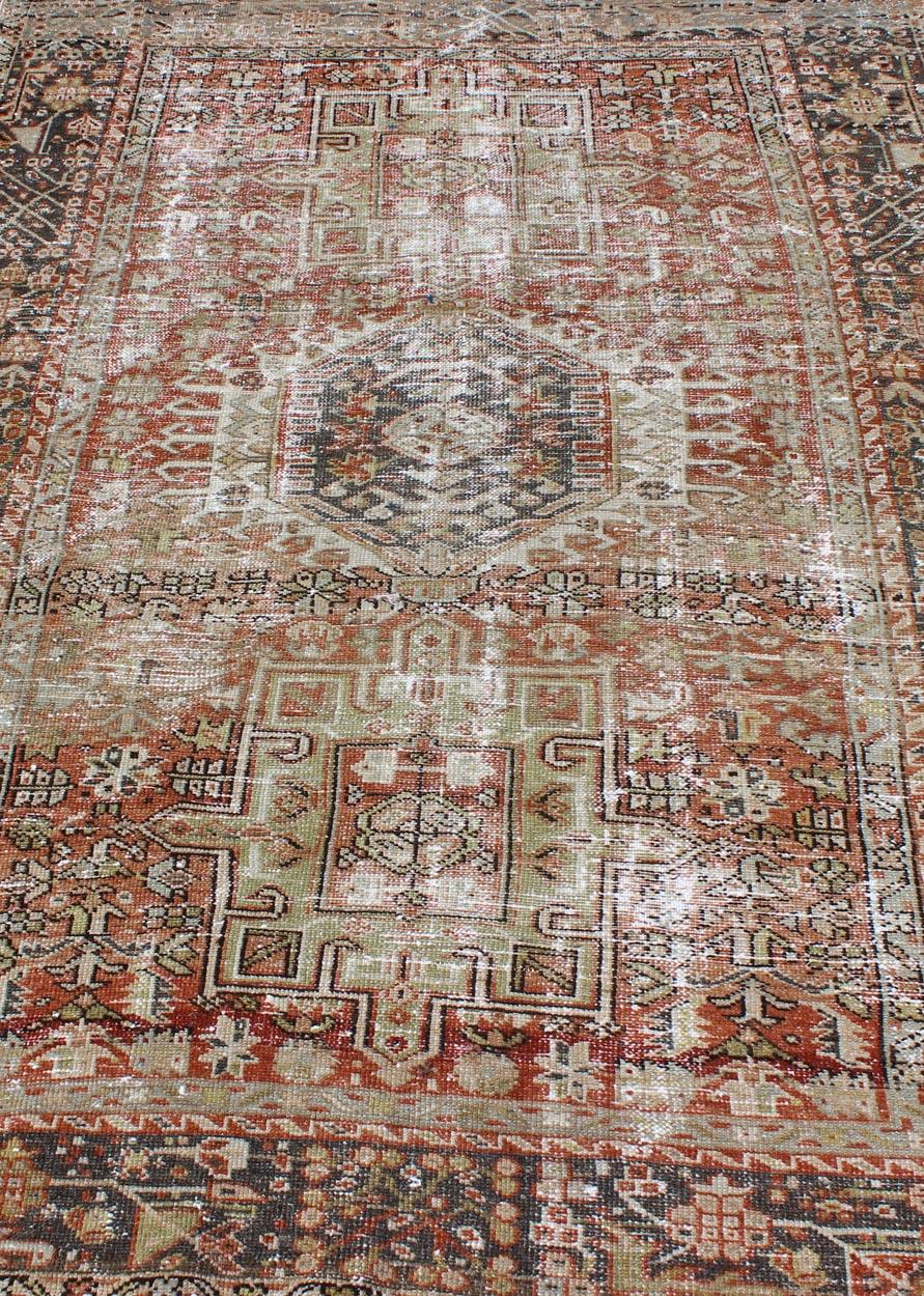 Distressed Persian Karadjeh Rug with Medallion Geometric Tribal Design For Sale 4