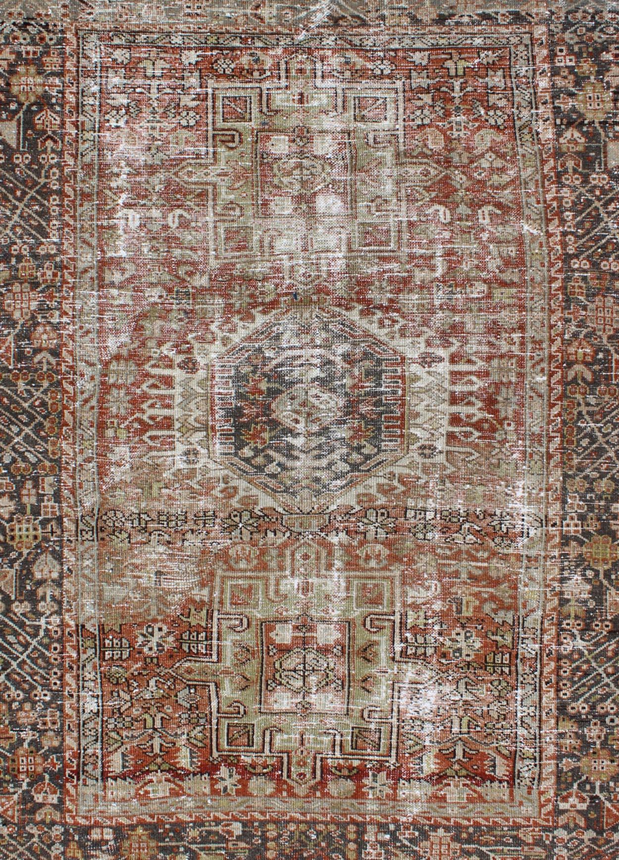 Hand-Knotted Distressed Persian Karadjeh Rug with Medallion Geometric Tribal Design For Sale