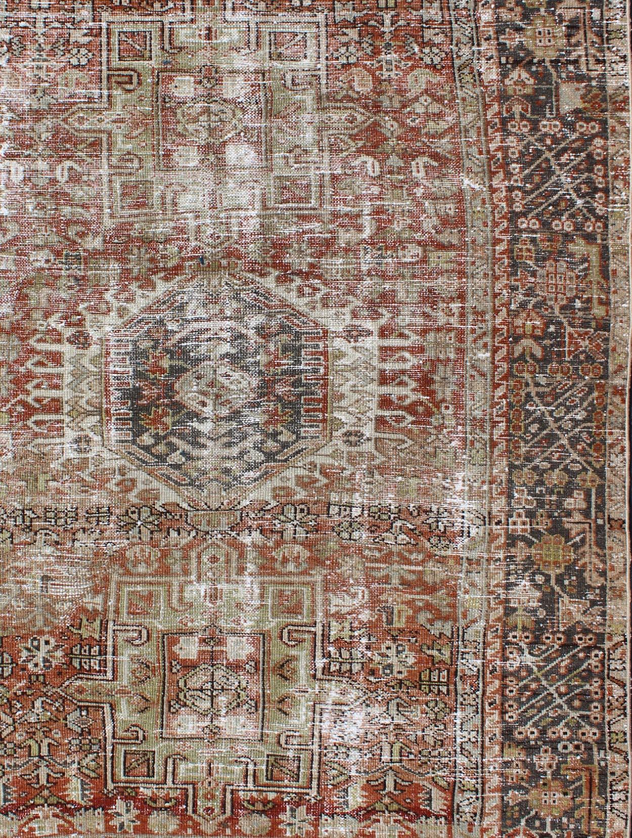 Distressed Persian Karadjeh Rug with Medallion Geometric Tribal Design In Excellent Condition For Sale In Atlanta, GA