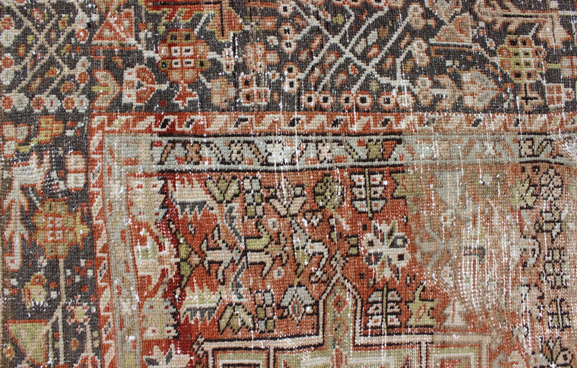 Wool Distressed Persian Karadjeh Rug with Medallion Geometric Tribal Design For Sale