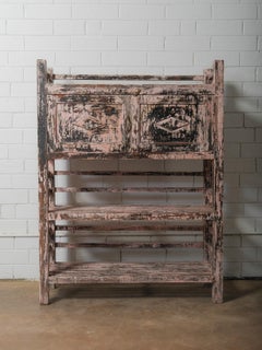 Distressed Pink Wooden Shelf Cabinet with Graphic Patina