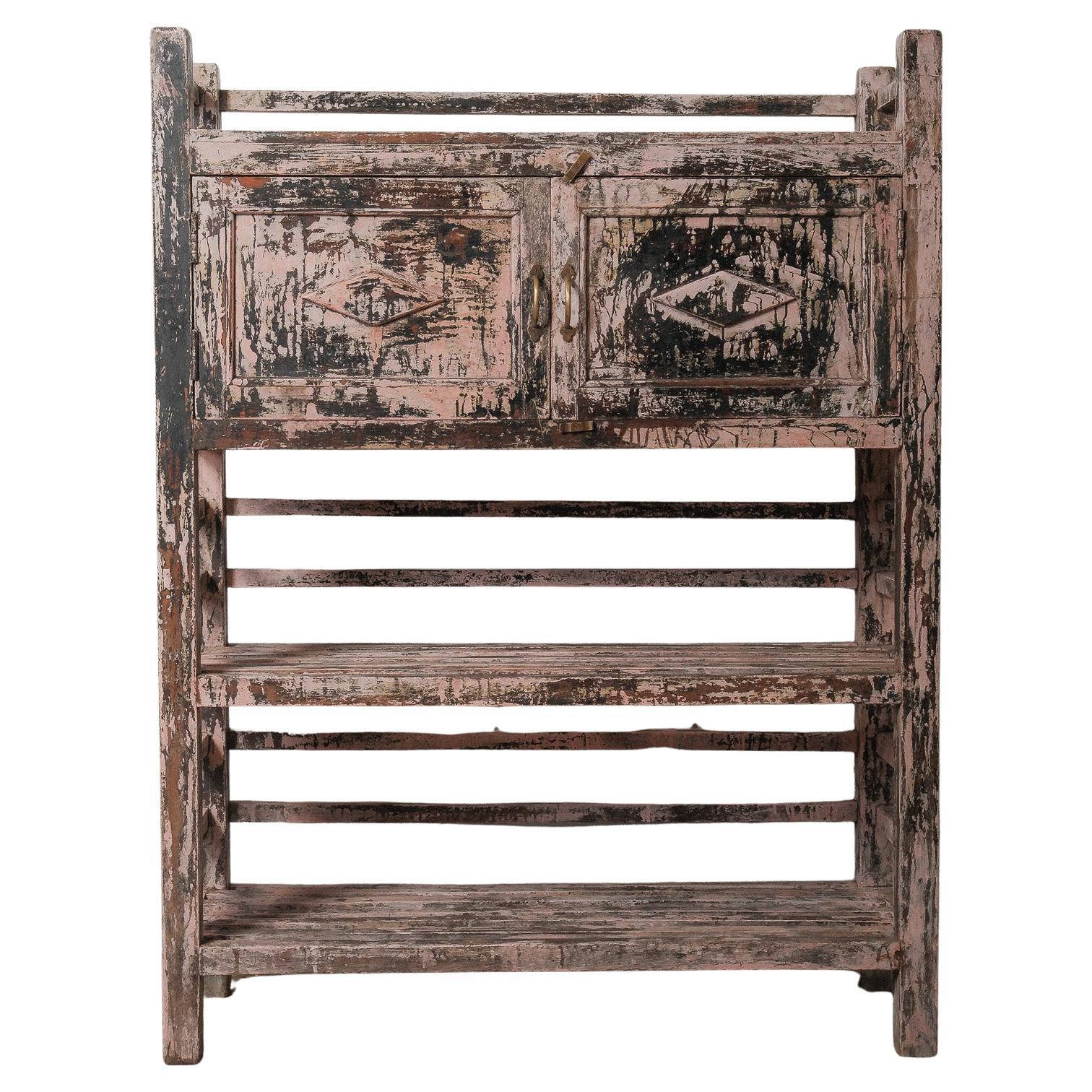 Distressed Pink Wooden Shelf Cabinet with Graphic Patina