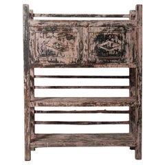 Distressed Pink Wooden Shelf Cabinet with Graphic Patina