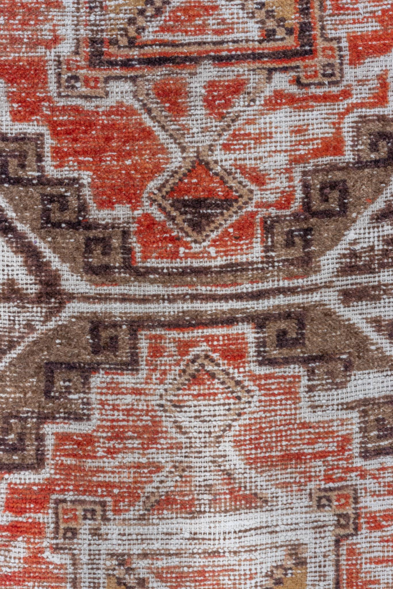 Turkish Distressed Quad Motif Red Brown Oushak For Sale