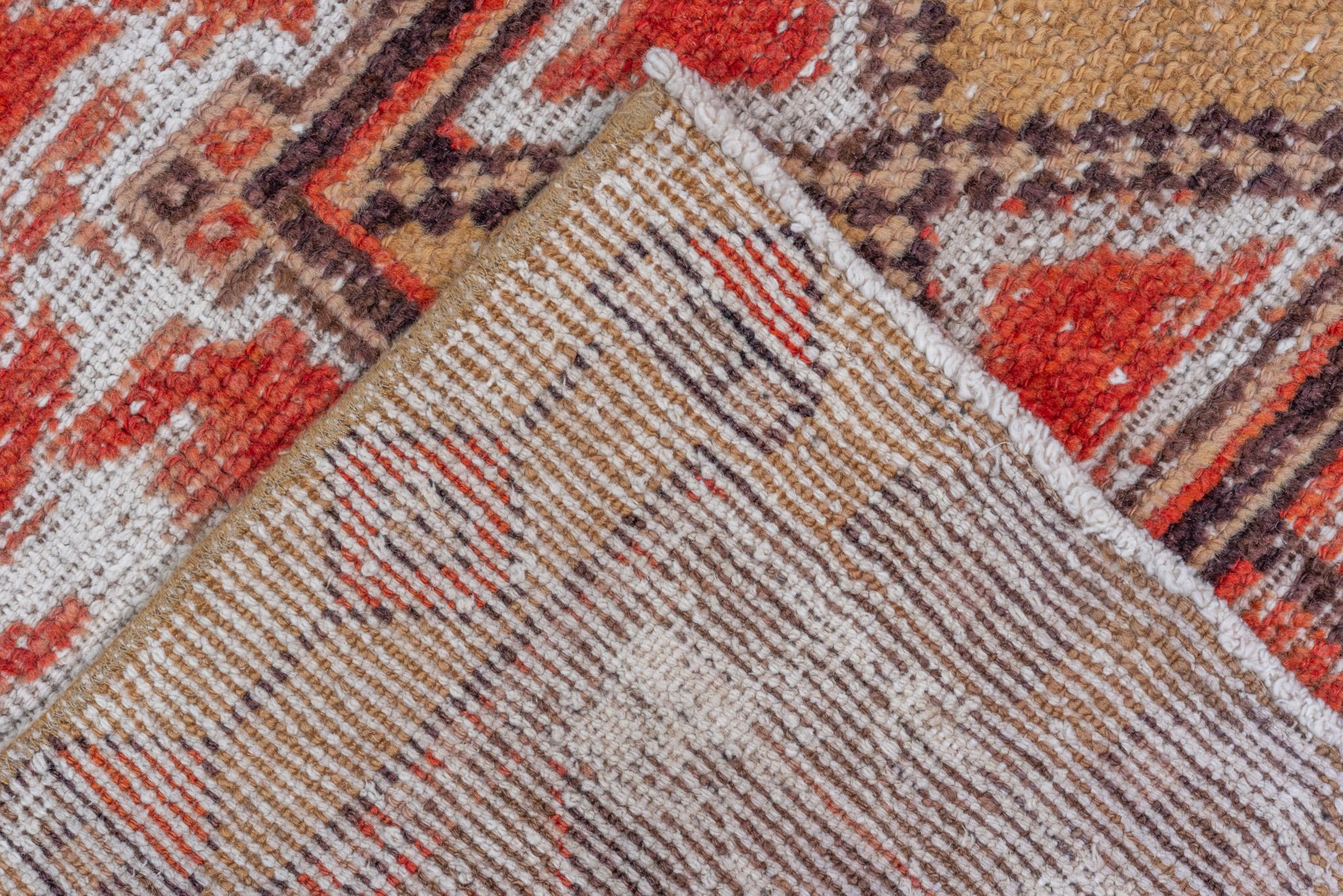 Wool Distressed Quad Motif Red Brown Oushak For Sale