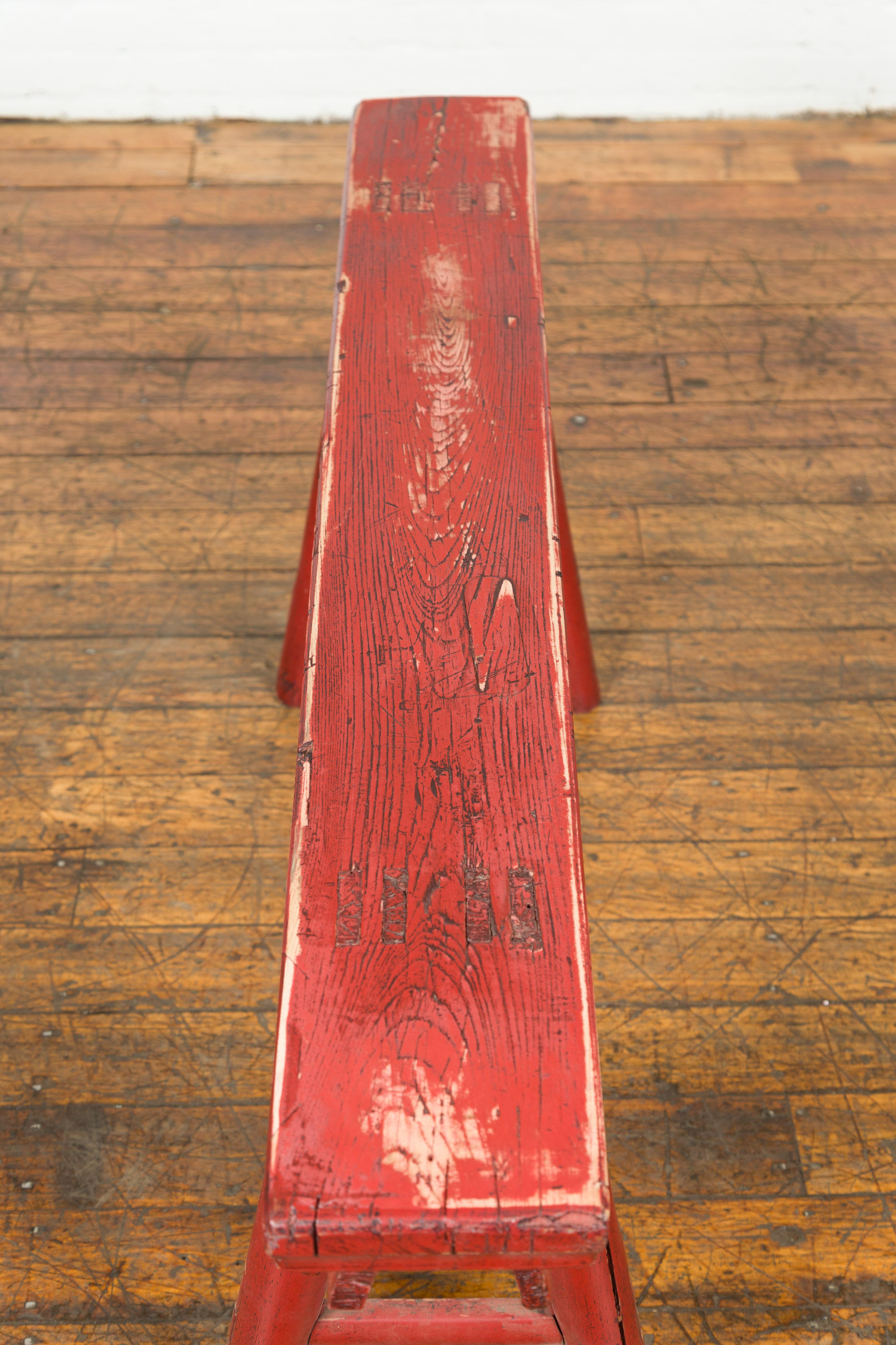 Distressed Red Lacquered Chinese Vintage Ming Style Bench with A-Form Base For Sale 1