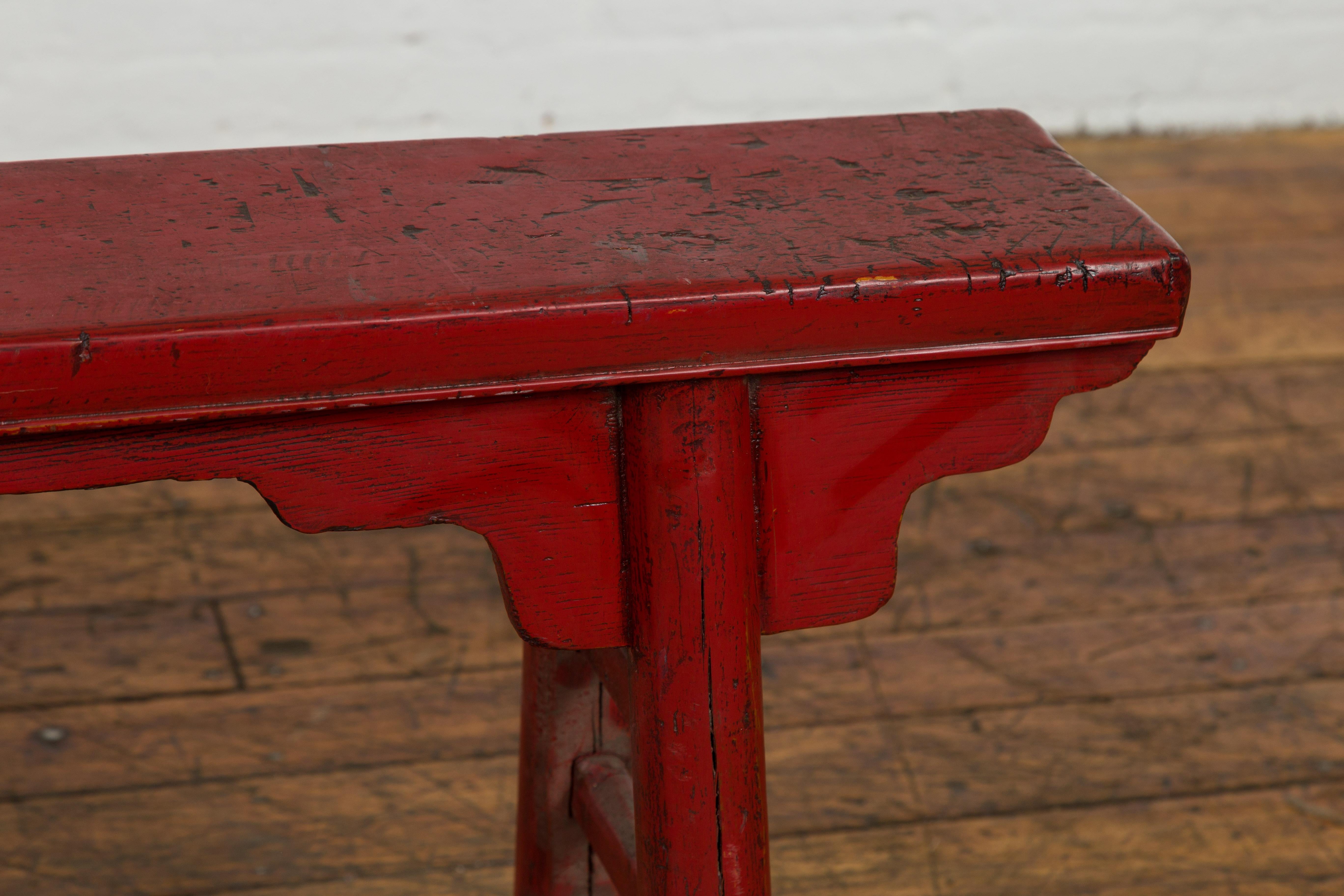 Red Lacquered Vintage Bench with A-Form Base For Sale 1