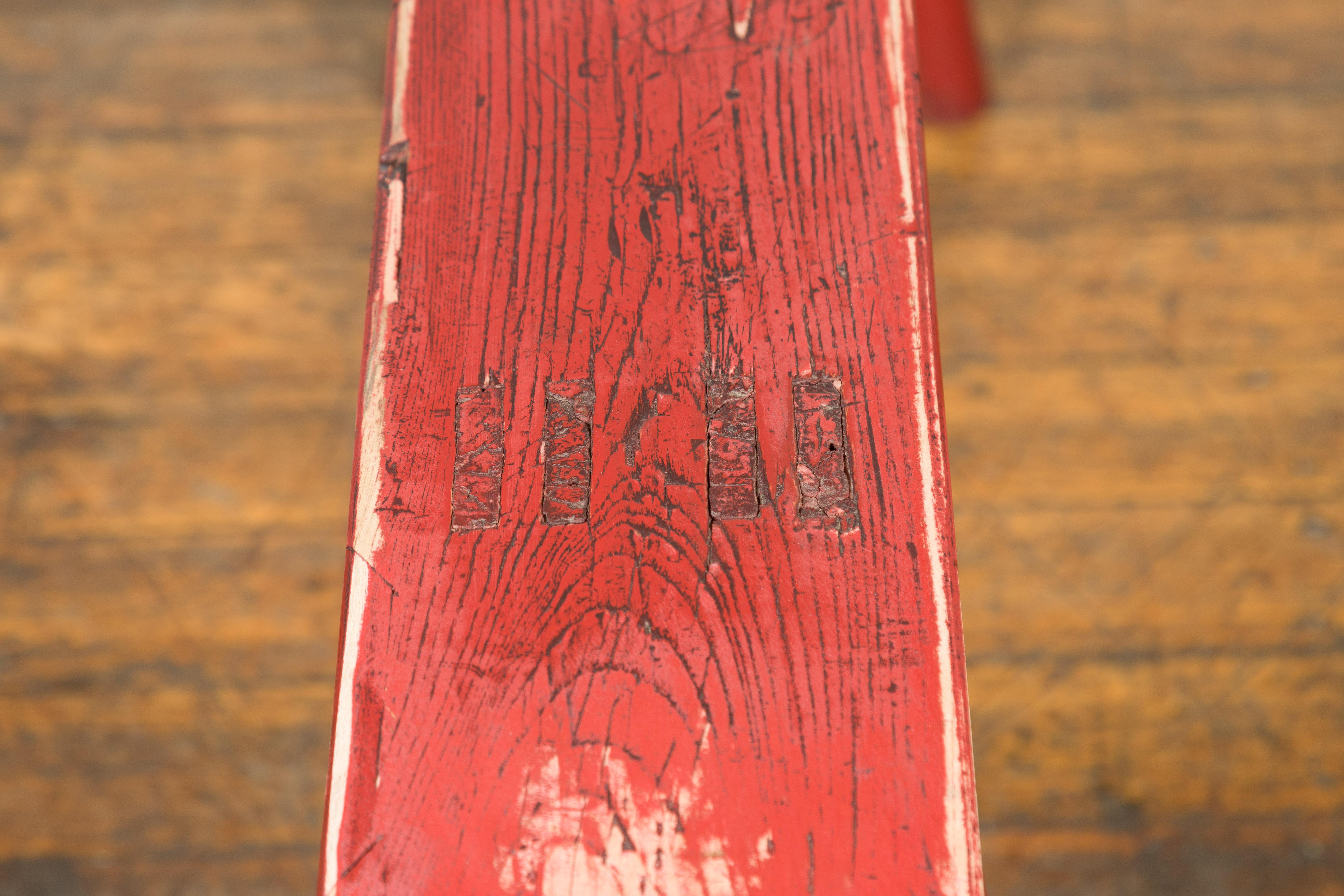 Distressed Red Lacquered Chinese Vintage Ming Style Bench with A-Form Base For Sale 3