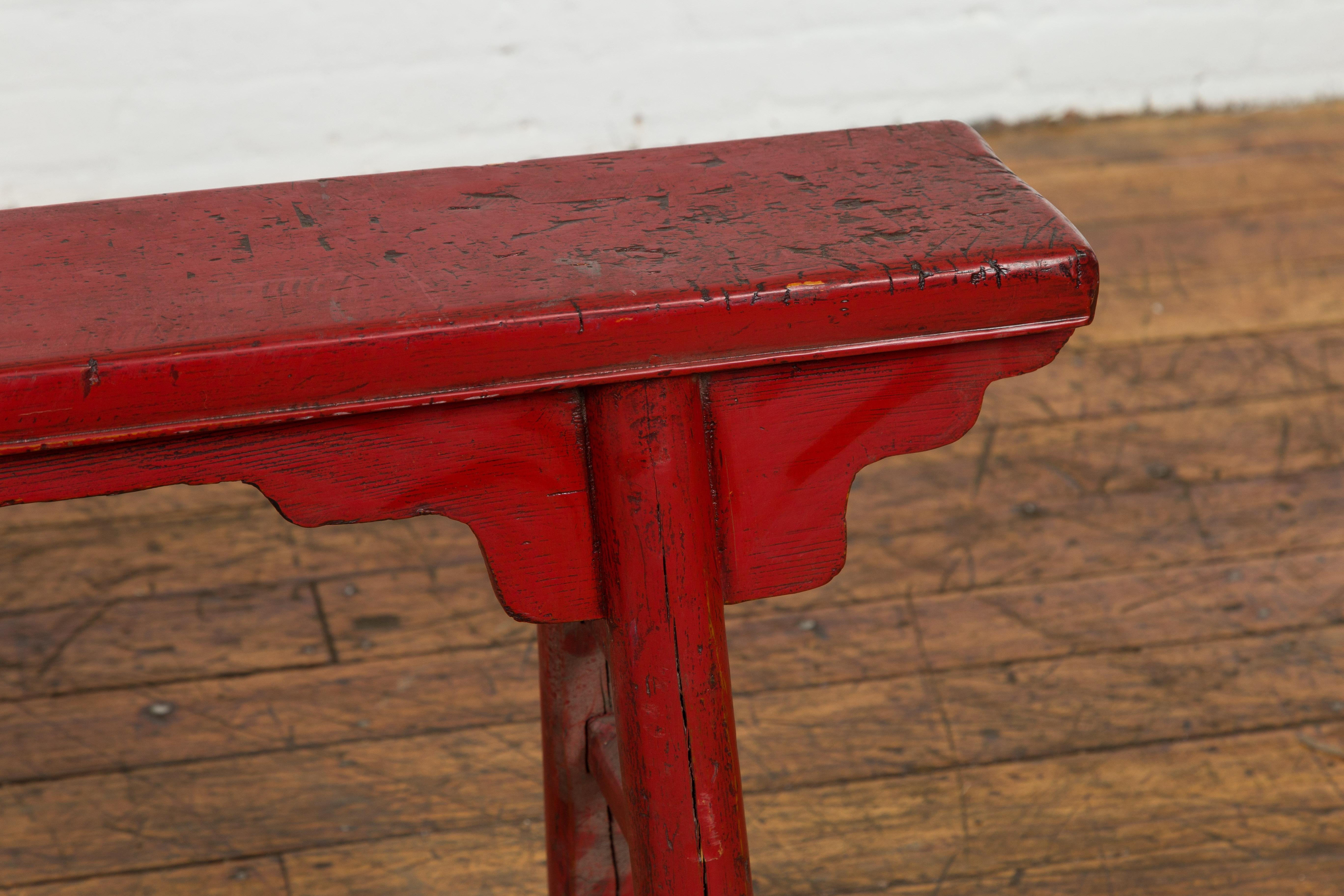 Wood Red Lacquered Vintage Bench with A-Form Base For Sale