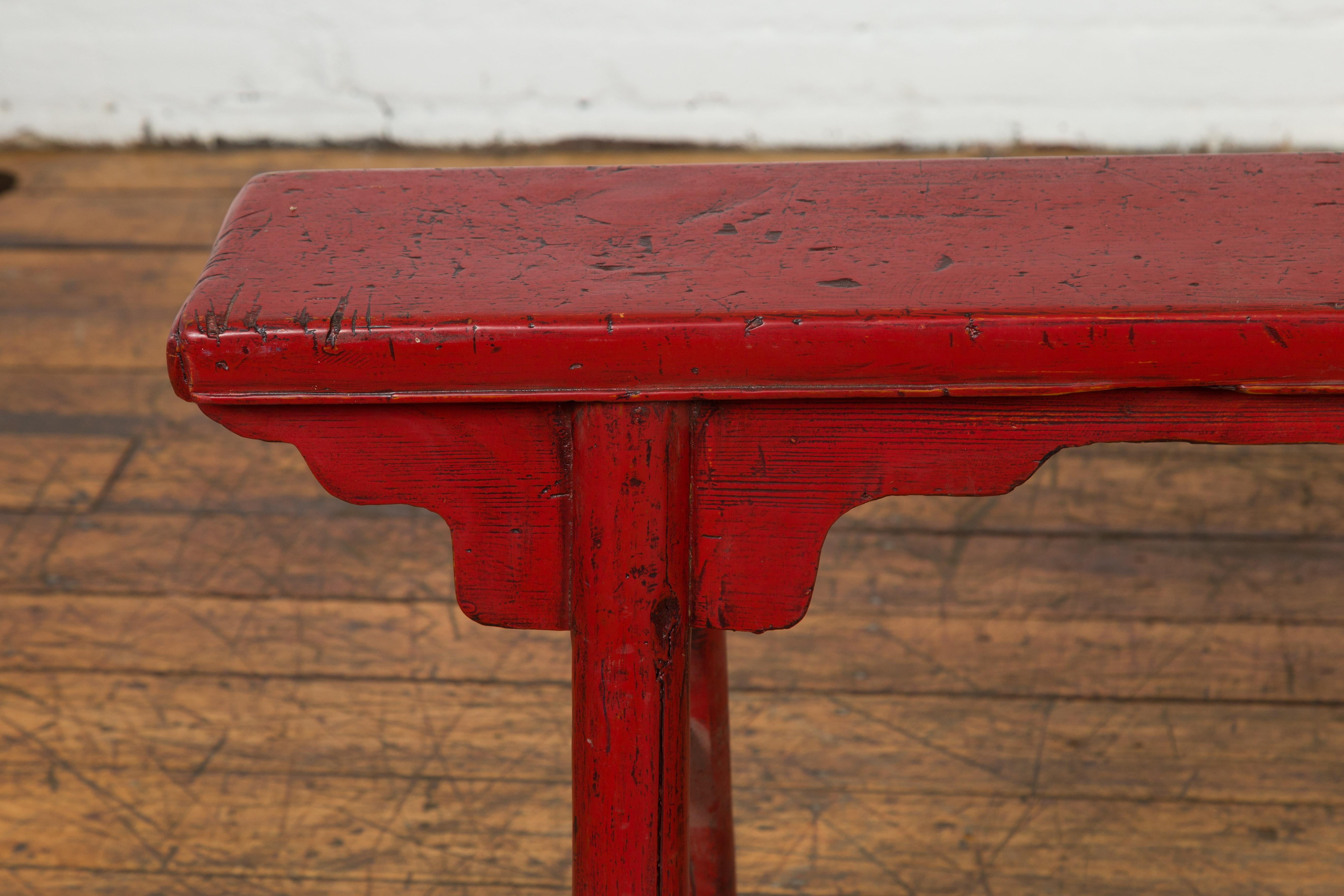 Red Lacquered Vintage Bench with A-Form Base For Sale 3
