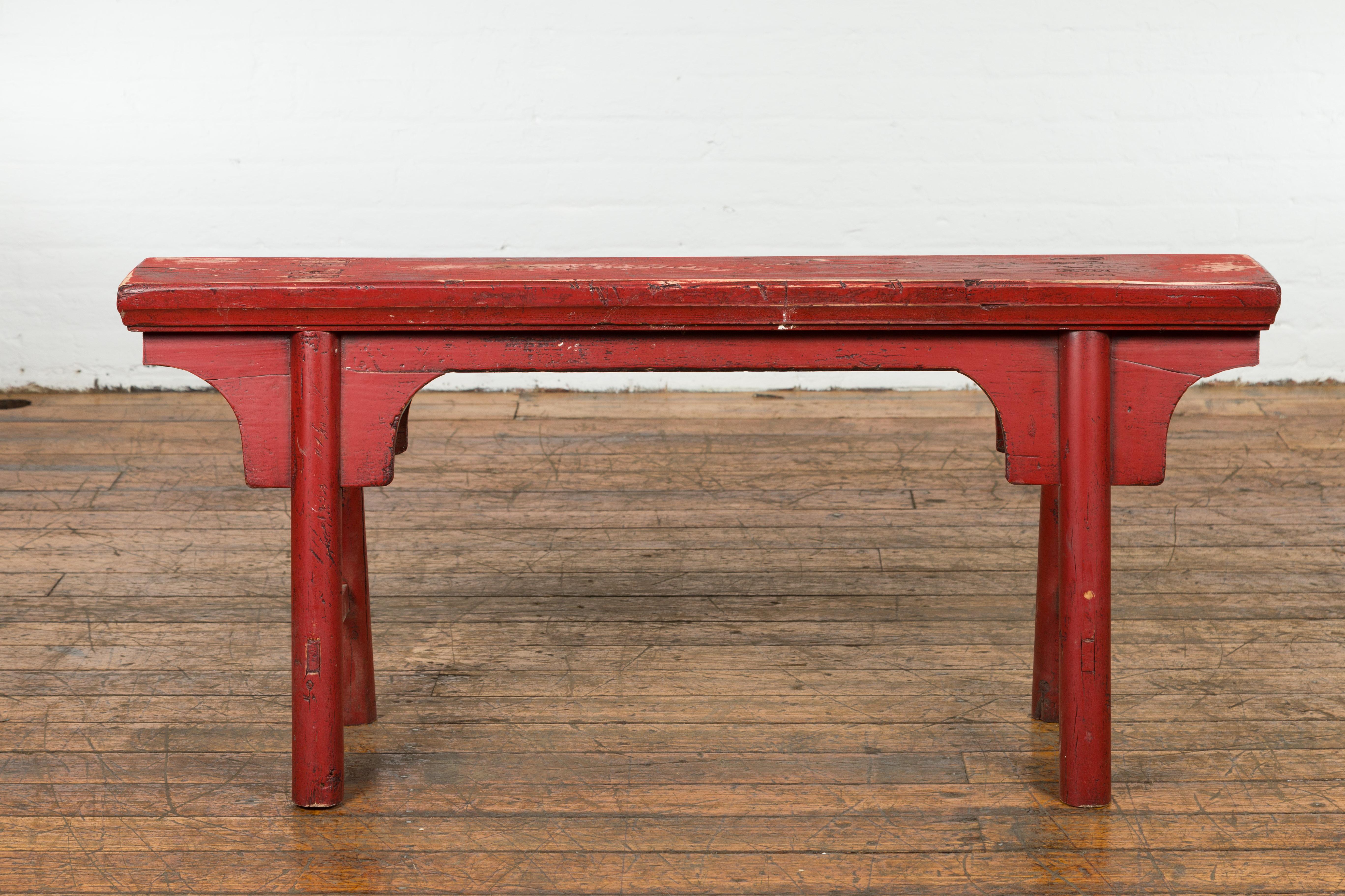 Distressed Red Lacquered Chinese Vintage Ming Style Bench with A-Form Base For Sale 5