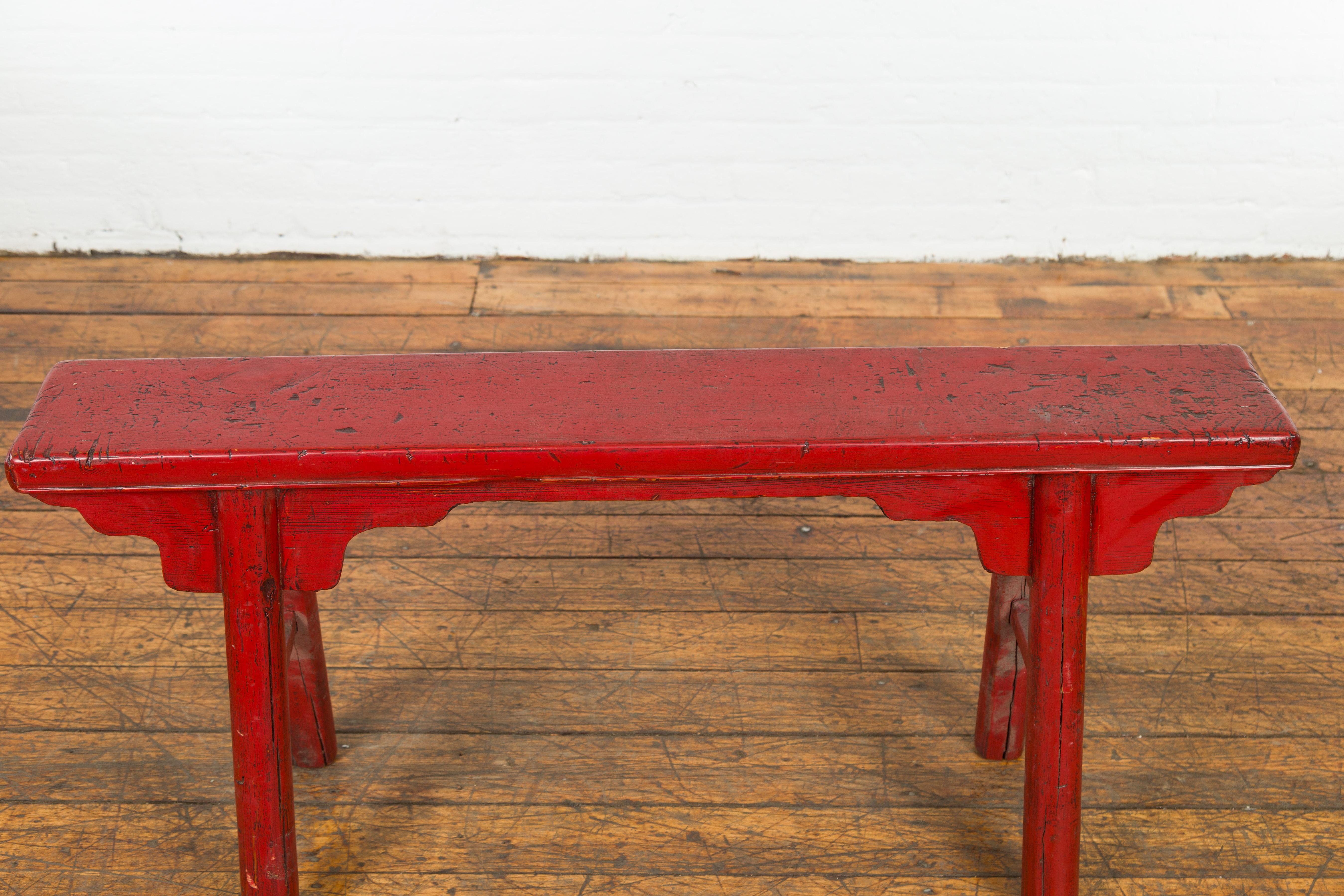 Red Lacquered Vintage Bench with A-Form Base For Sale 2