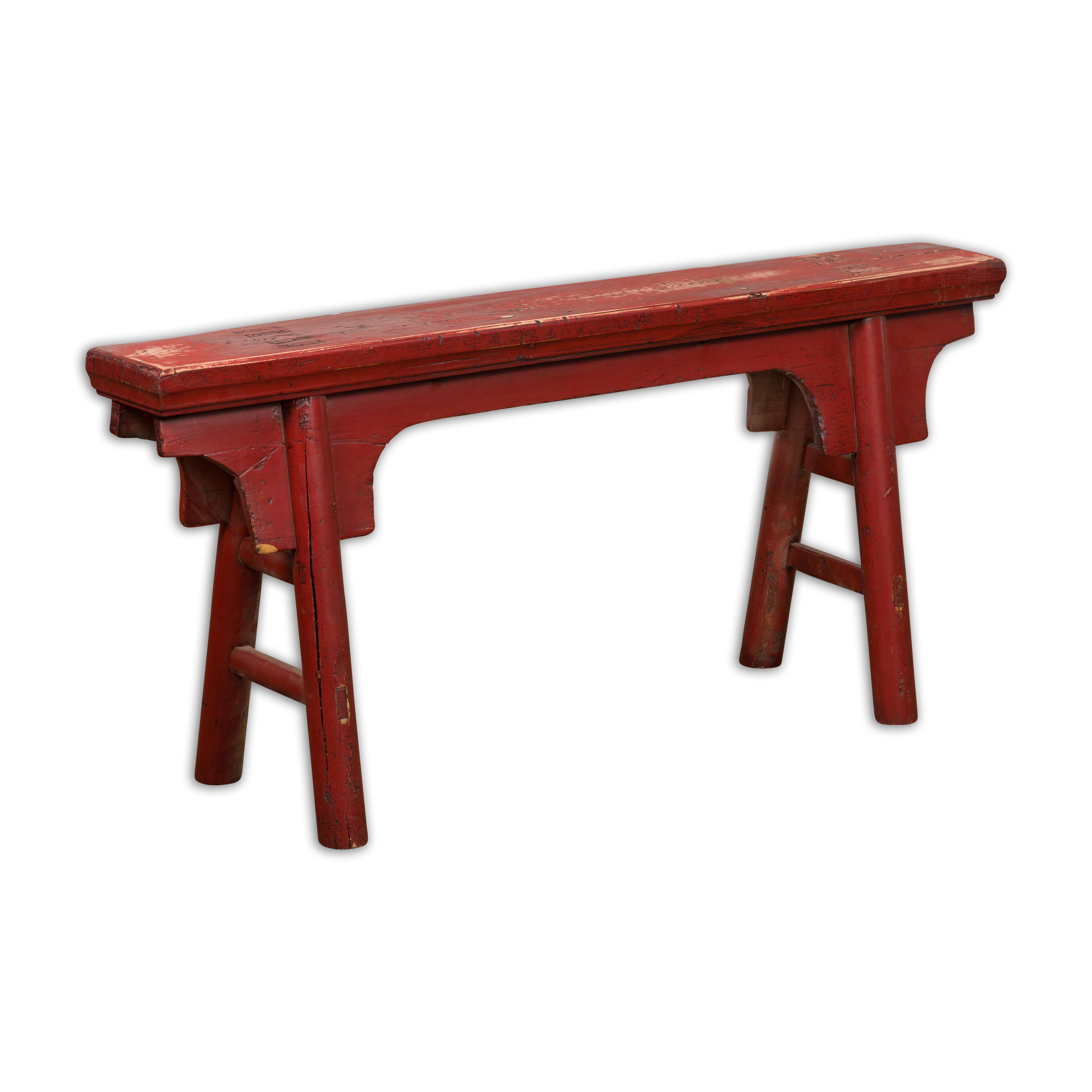 Distressed Red Lacquered Chinese Vintage Ming Style Bench with A-Form Base For Sale 7