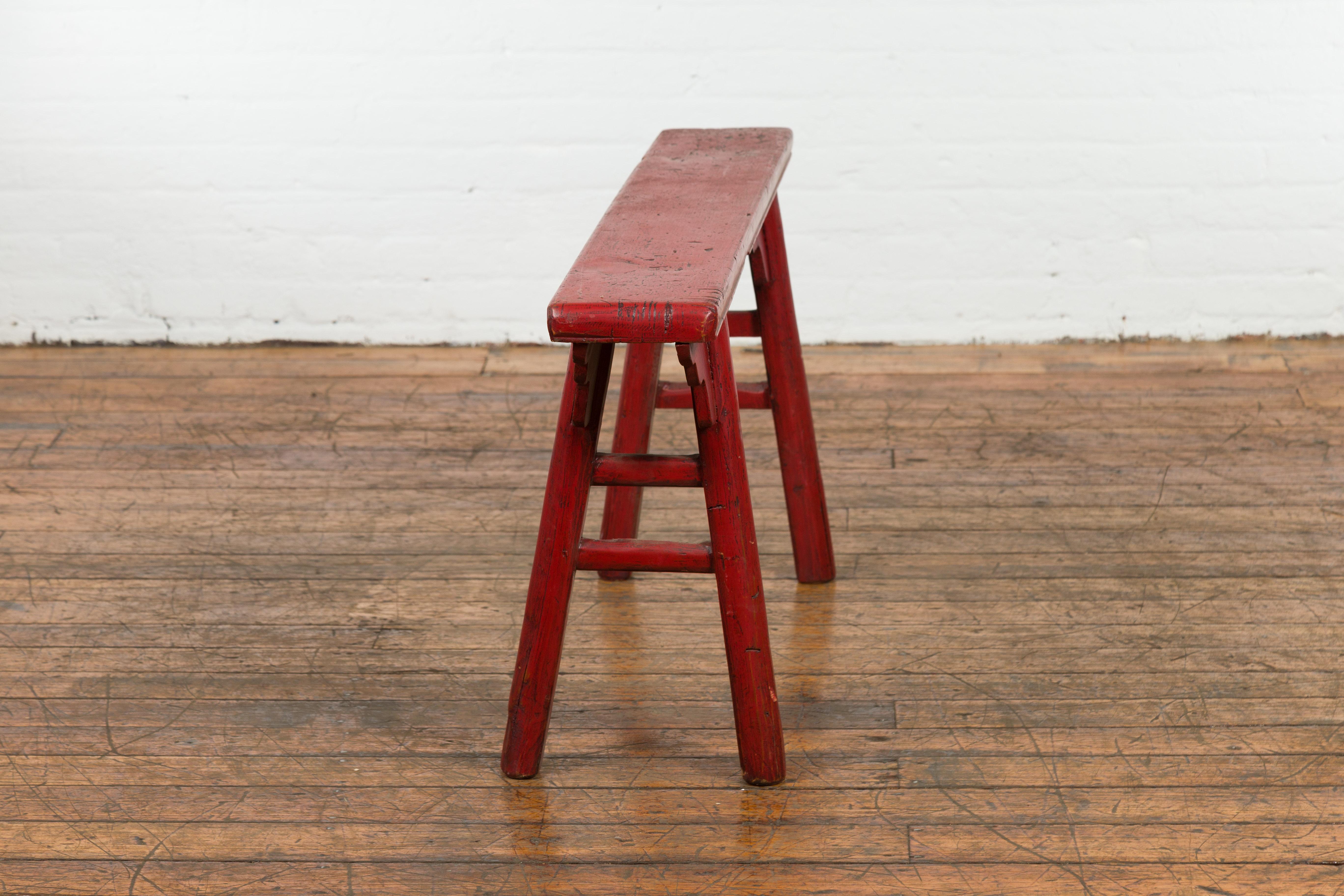 Red Lacquered Vintage Bench with A-Form Base For Sale 6
