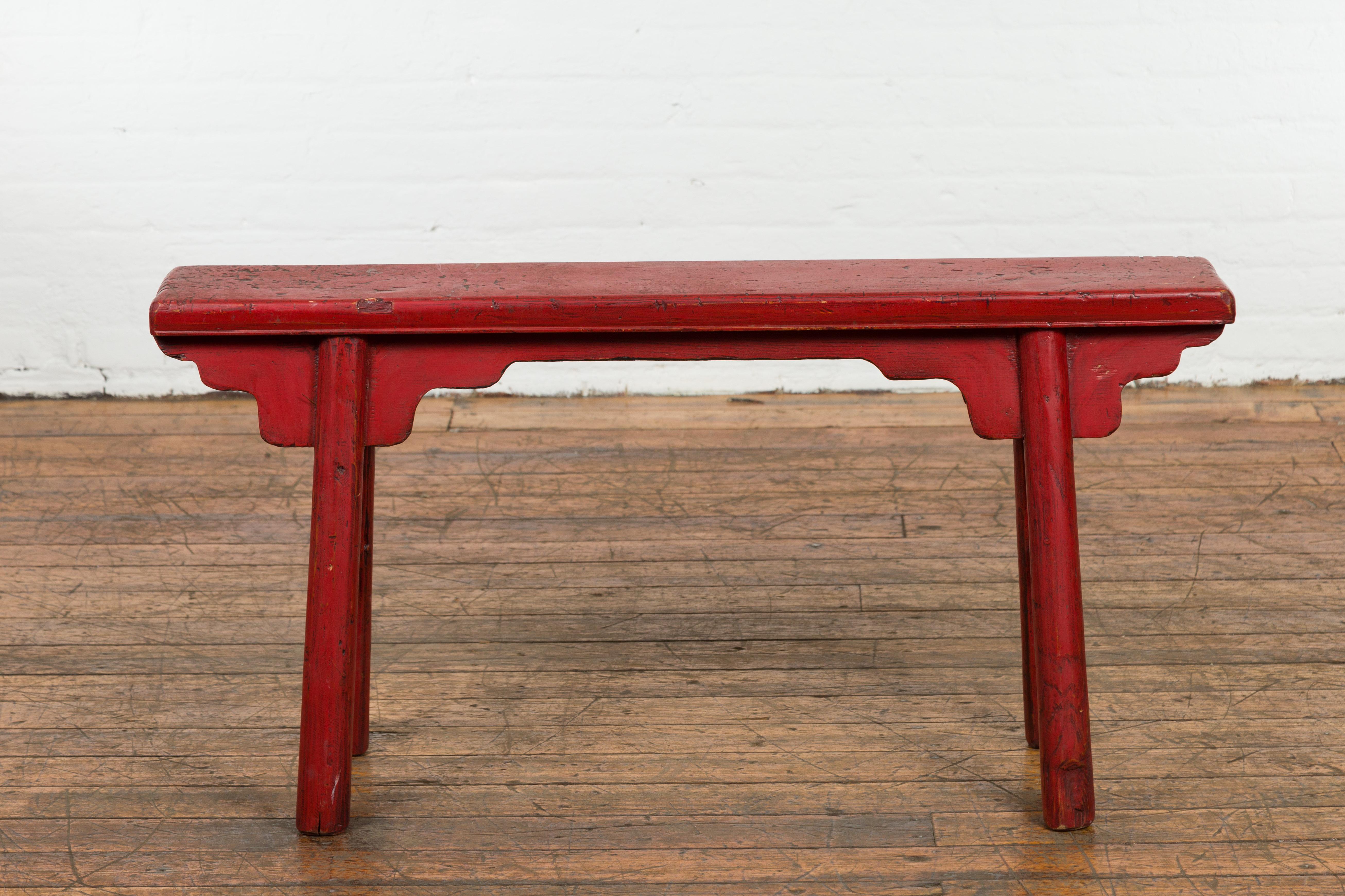 Red Lacquered Vintage Bench with A-Form Base For Sale 5