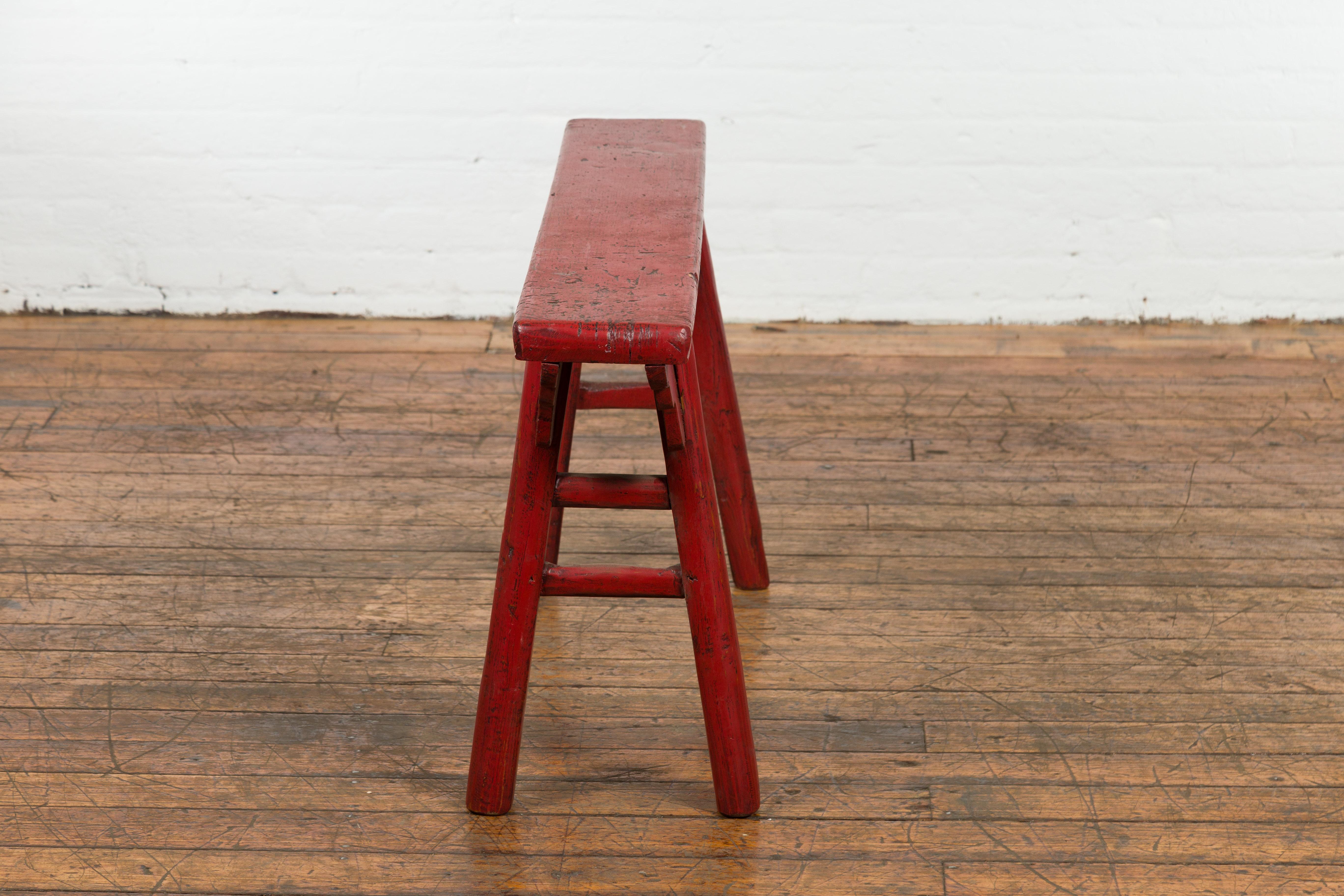 Red Lacquered Vintage Bench with A-Form Base For Sale 8