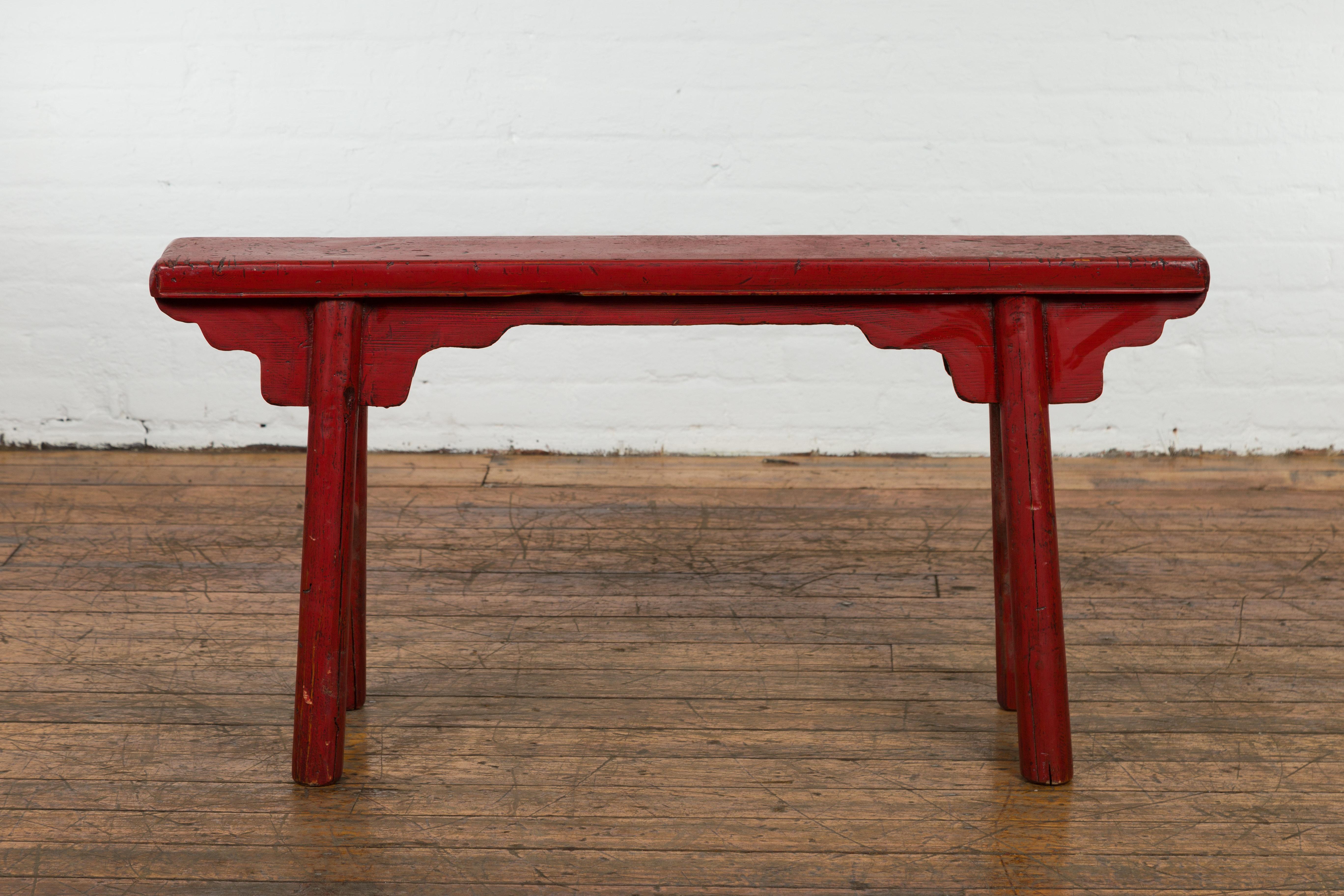 Ming Red Lacquered Vintage Bench with A-Form Base For Sale