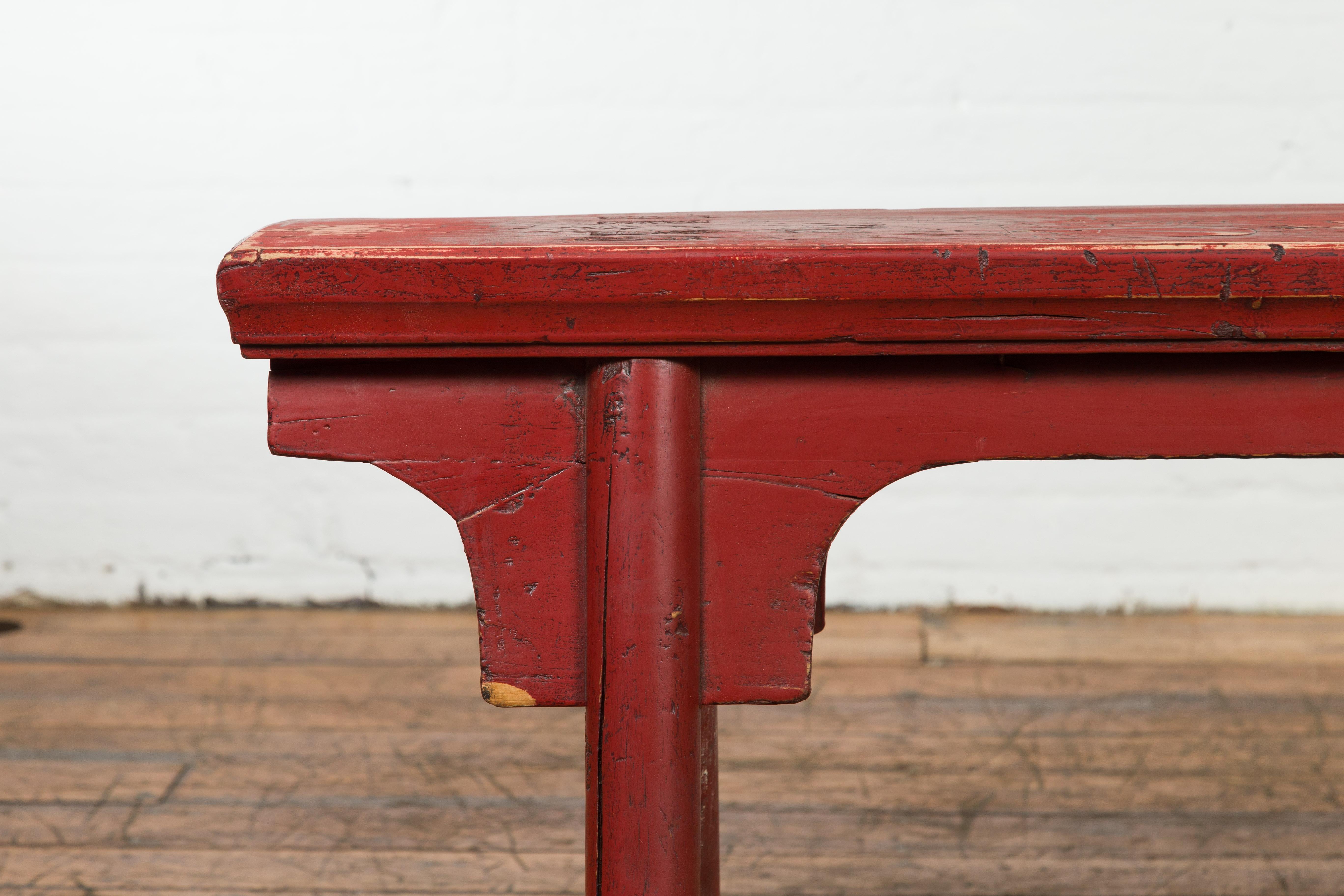 Carved Distressed Red Lacquered Chinese Vintage Ming Style Bench with A-Form Base For Sale